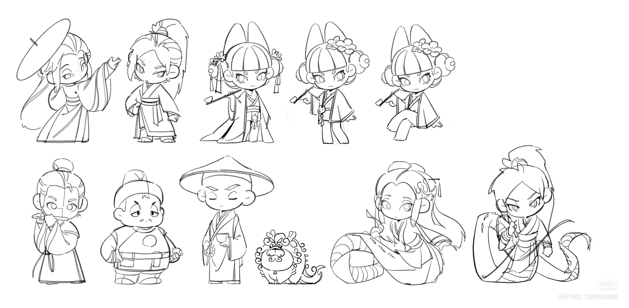 the image consists of ten character design sketches. the characters appear to be inspired by chinese folklore, with some characters resembling deities or mythical creatures. the art style is whimsical and cartoonish, with exaggerated features and expressions. each character is depicted in various poses and outfits, likely exploring different design options for each. the characters are drawn in black and white with thin lines, suggesting an early stage of the design process.