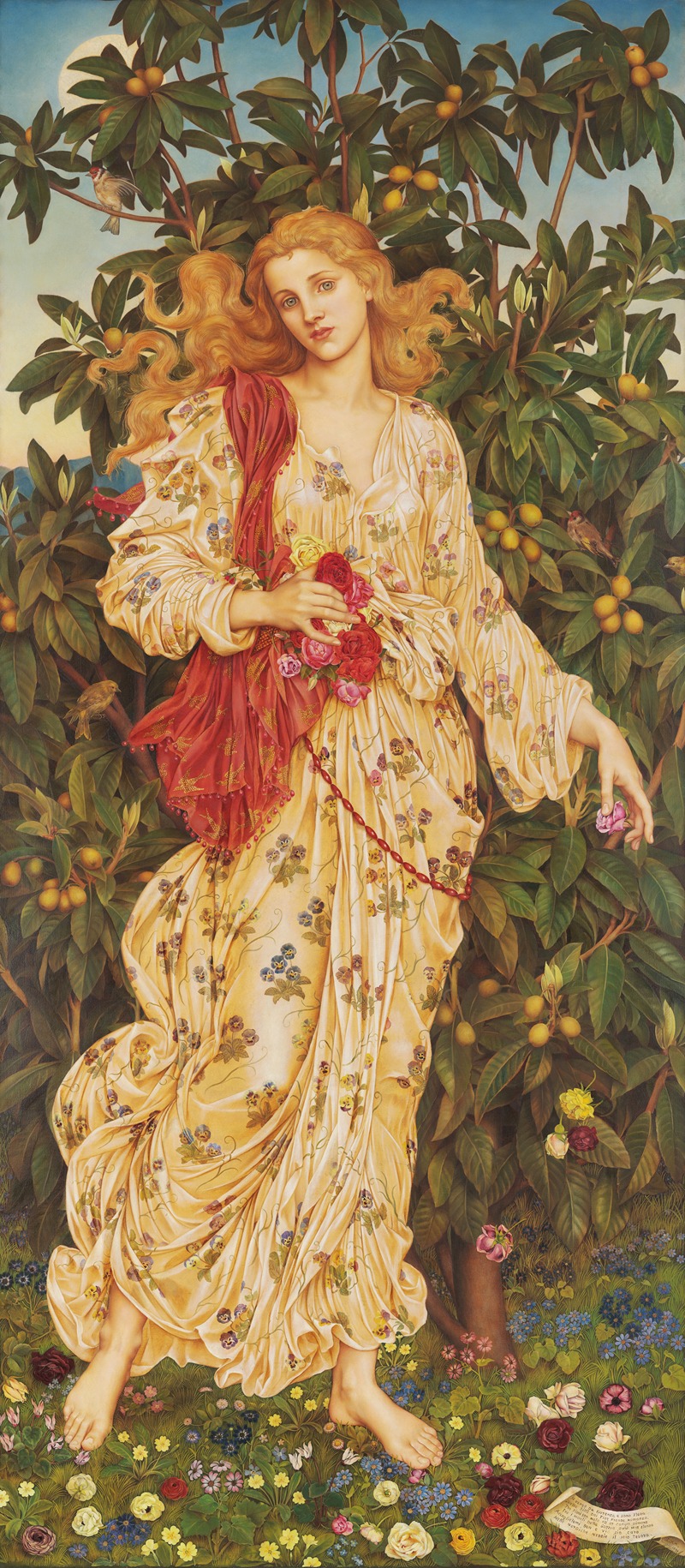 a painting depicts a fairskinned woman with flowing blonde hair, adorned in a floral patterned yellow dress and a red scarf. she is standing among lush green foliage, with a tree bearing fruit in the background, under a blue sky. there are small birds hidden within the branches. the woman holds roses in her left hand. she is barefoot and standing in a colorful garden. the artwork is in a preraphaelite style.