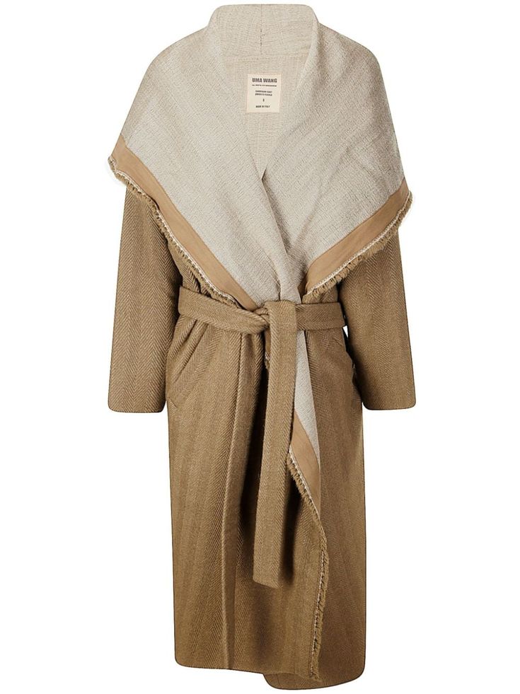a brown women's long sleeve coat with a wrap style. the coat has a belt and a collar that can be worn up or down. it is made of a soft fabric and is perfect for fall or winter.