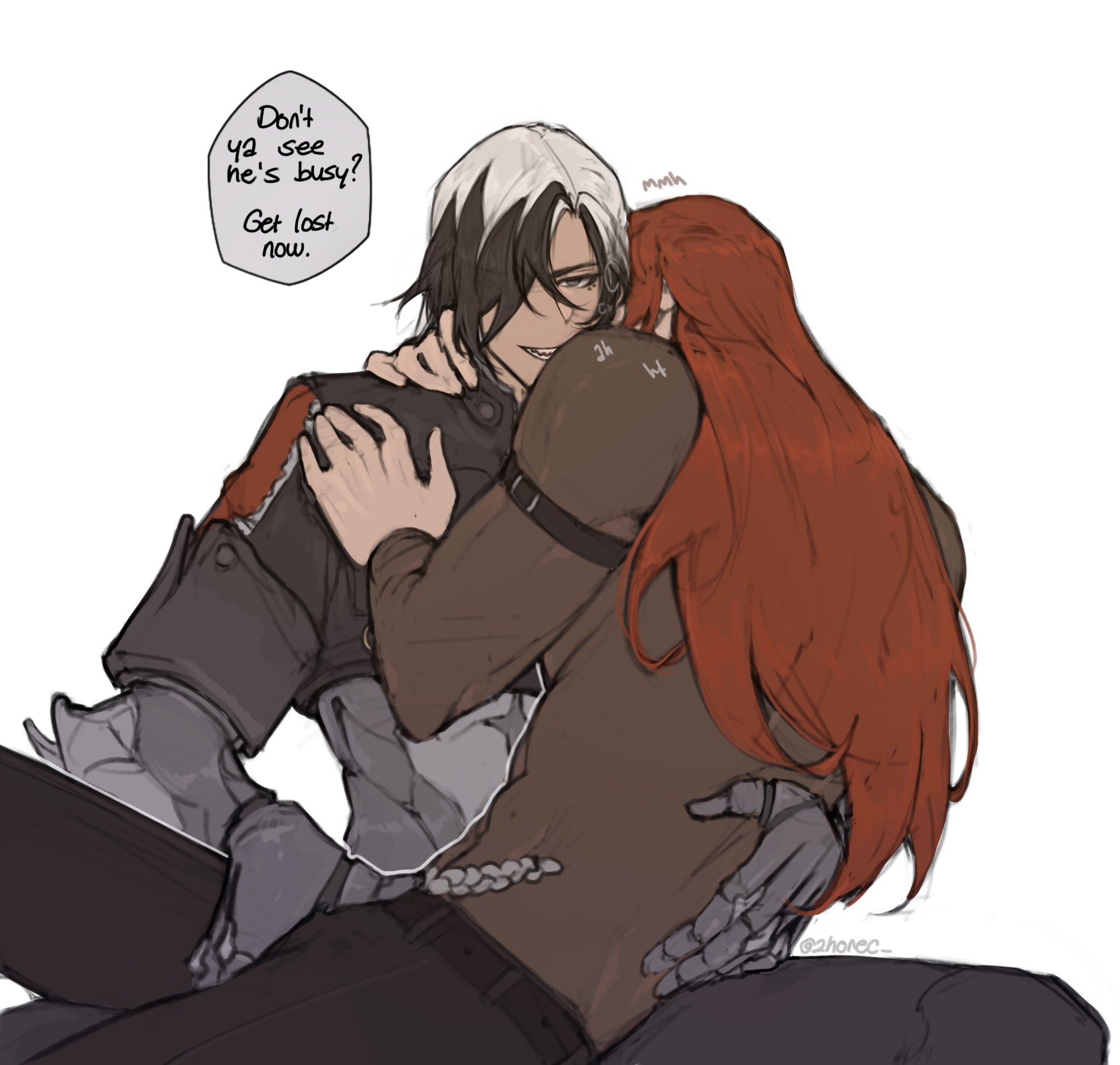 this is a digital art illustration of a couple hugging. the male character is holding the female character close to him, they both have their eyes closed and look happy. the art style is anime/manga and has a cute, romantic vibe.