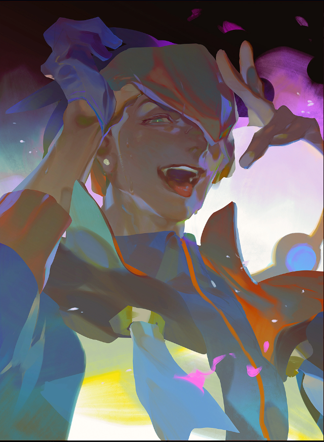 this is an illustration of the pokemon character arven.  he's depicted from the chest up, with his head tilted back in either laughter or exertion.  his right hand is on top of his head, and his left hand is up by his face, both palms facing forward.  the colors are highly saturated with a very painterly style.  the colors are blended together on the canvas.  there are implied shapes behind him rather than hardedged shapes.  he is very shiny, indicating sweat and reflective light.  the light source appears to be directly behind him.