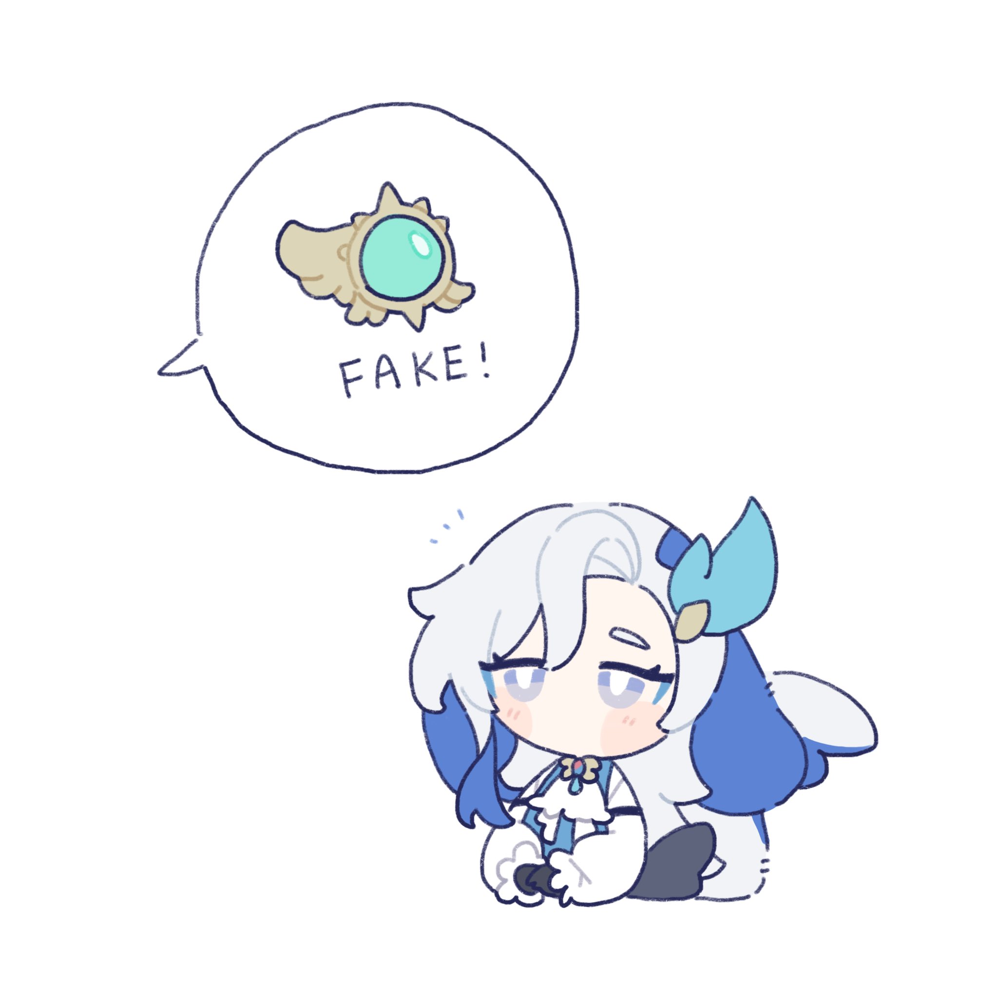the image is a cute chibistyle drawing of ganyu from genshin impact.  she's looking downcast with a thought bubble above her head showing a drawing of a fake version of an item (likely a treasure or artifact from the game).  the words "fake!" are written inside the bubble, indicating ganyu's realization that the item is not genuine.  the overall style is soft and pastelcolored.
