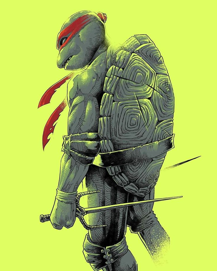 a closeup illustration of leonardo, one of the teenage mutant ninja turtles. he is holding his sai, the turtle shell is detailed in black and grey, and his red mask is visible. the background is a light green.  the art style is simple, reminiscent of classic comic book art.