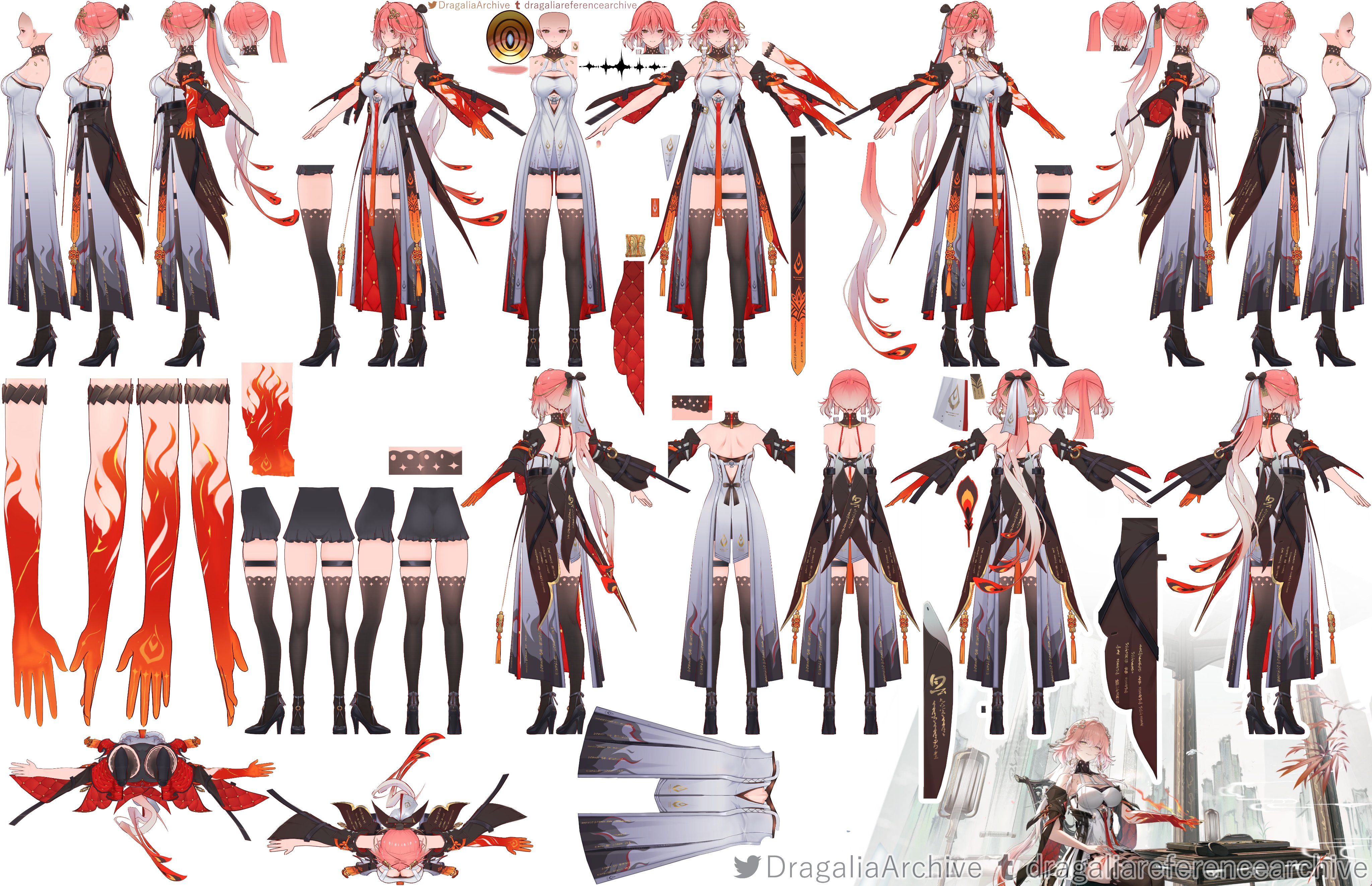 the image displays a comprehensive character design sheet for a female character, likely from the mobile game dragalia lost, as indicated by the watermark.  the sheet meticulously details the character's appearance, including multiple poses, outfit components (broken down into individual parts such as arms, legs, torso, clothing pieces, and accessories), and weapon designs. the character is depicted in an anime style, predominantly wearing red and black clothing with a fire motif.  various views of the character are shown from different angles, making it a complete and thorough representation ready for use in game development. the high level of detail shows careful consideration of each element of the design.