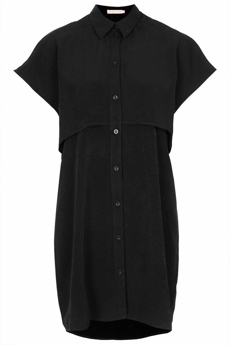 a black, midi, buttondown, shortsleeved dress is shown. the top portion of the dress features a collared shirt design.