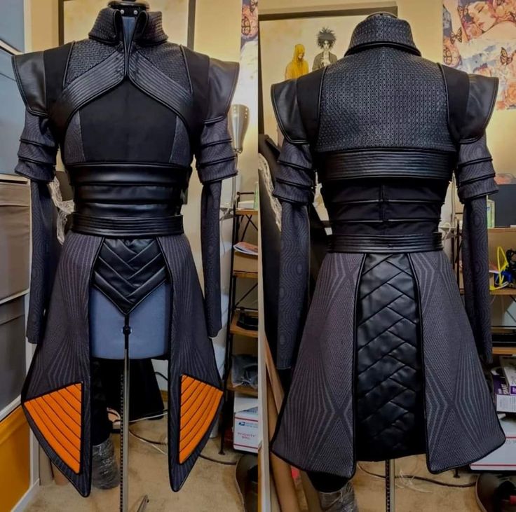 a black and leather cosplay costume with an intricate design, showcasing the front and back of the outfit. the costume is detailed and meticulously crafted, reflecting a futuristic or fantasy theme. the image highlights the creative design and skilled workmanship involved in crafting this impressive cosplay piece.