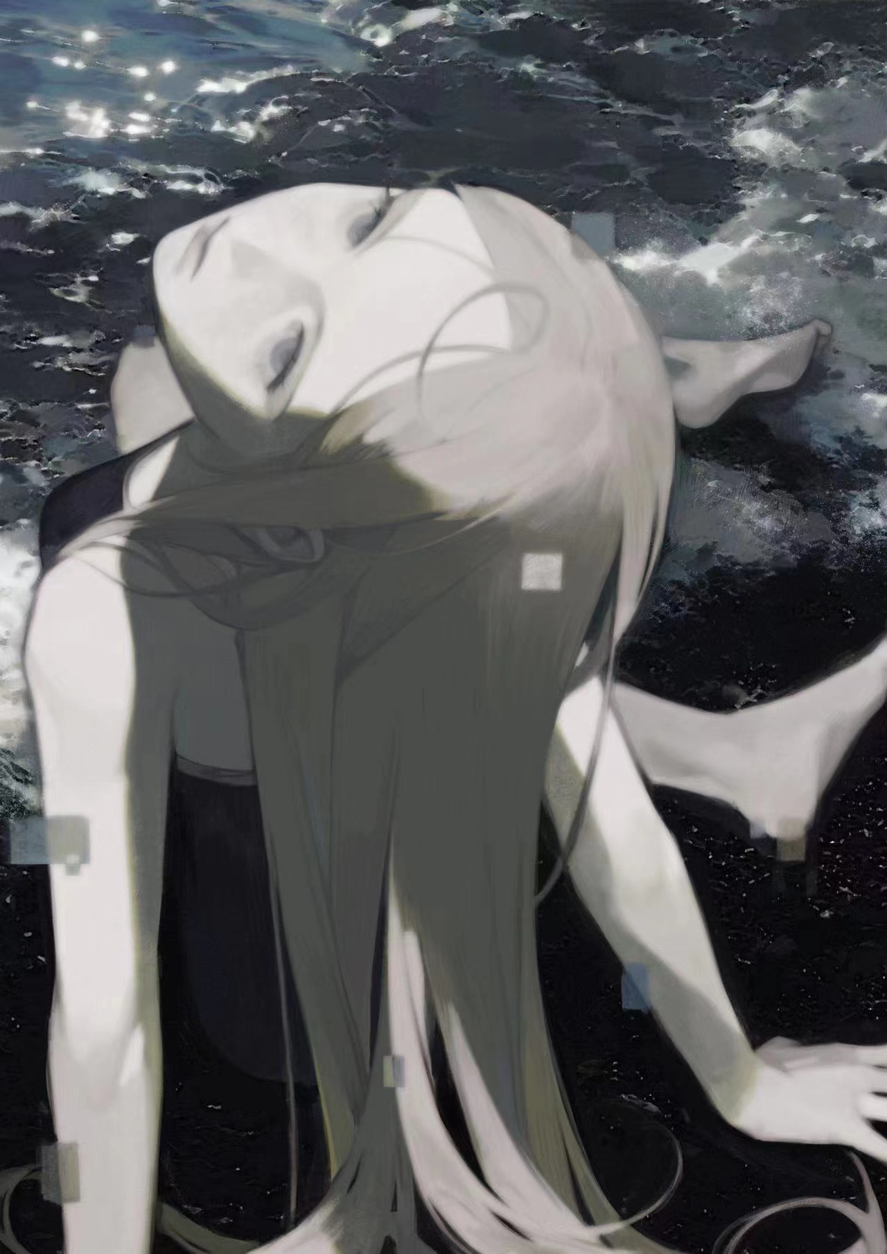 this is a digital artwork depicting a young woman, likely an anime character, submerged in water with only her head and upper body visible. she has long white hair that cascades around her face, and she appears to be in distress. the water is dark and murky, suggesting an underwater setting. there is a sense of sadness and loneliness in the image.