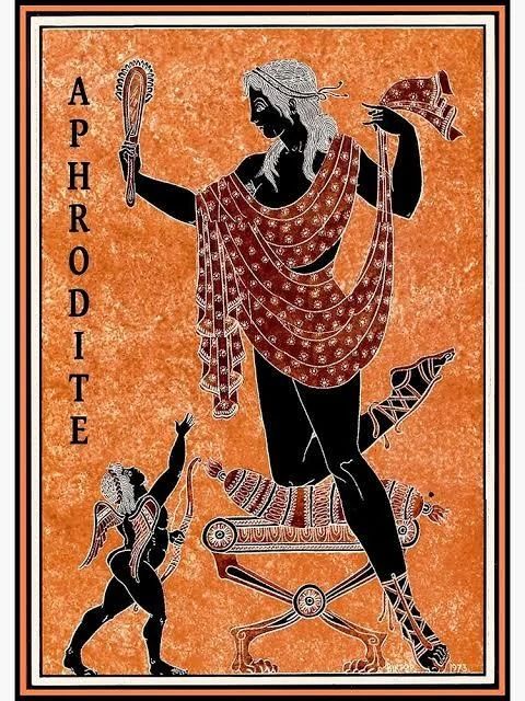 this is an image of a black figure vase painting depicting aphrodite with cupid. aphrodite, whose name is written vertically on the left side, is holding a mirror in one hand and an object (possibly a hat or fan) in the other. she's draped in a decorative garment and wearing sandals. below her is cupid, with wings, holding a bow and arrow, reaching up toward her. they are positioned next to a decorated bench. the background is orange with a border. the style is reminiscent of ancient greek vase paintings.