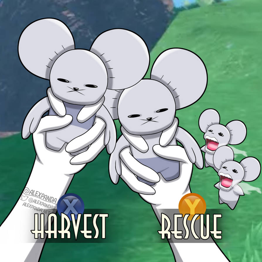 the image is a digital drawing/fanart featuring two large, adorable cartoon mice plushies being held by a pair of hands wearing white gloves. the plushies are grey and have a slightly grumpy expression.  below each plush is a button (x and y, reminiscent of game controllers).  the button below the left plush says "harvest," while the button below the right plush says "rescue." two smaller, screaming cartoon mice are positioned to the right of the larger plushies, possibly illustrating the "rescue" aspect. the background is a blurry green landscape. the overall style is cute, chibilike, and possibly inspired by anime or manga.  a watermark with a twitter handle is visible on the hands.
