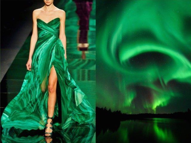 the image is a split composition, showcasing a model in a striking emerald green gown on the left, and a captivating display of the aurora borealis on the right. the model's dress, with its flowing lines and elegant drape, mirrors the ethereal beauty of the northern lights, highlighting the common thread of nature's captivating spectacle. the green hues of the gown and the aurora borealis create a visually harmonious and captivating scene, blending fashion and nature in a striking way.