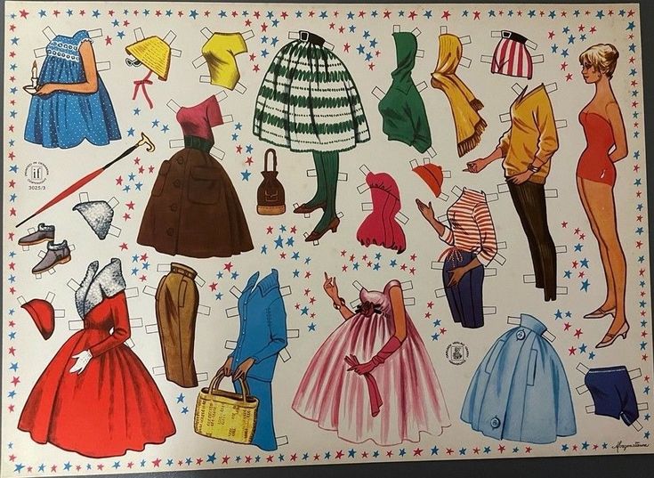 the image is a vintage sheet of paper dolls and their clothes. there are various outfits including dresses, skirts, pants, tops, shoes, hats, and accessories. the outfits are designed with cutout tabs to attach to the dolls. the paper is decorated with a border of blue and red stars. the style of the illustrations suggests a mid20th century aesthetic.