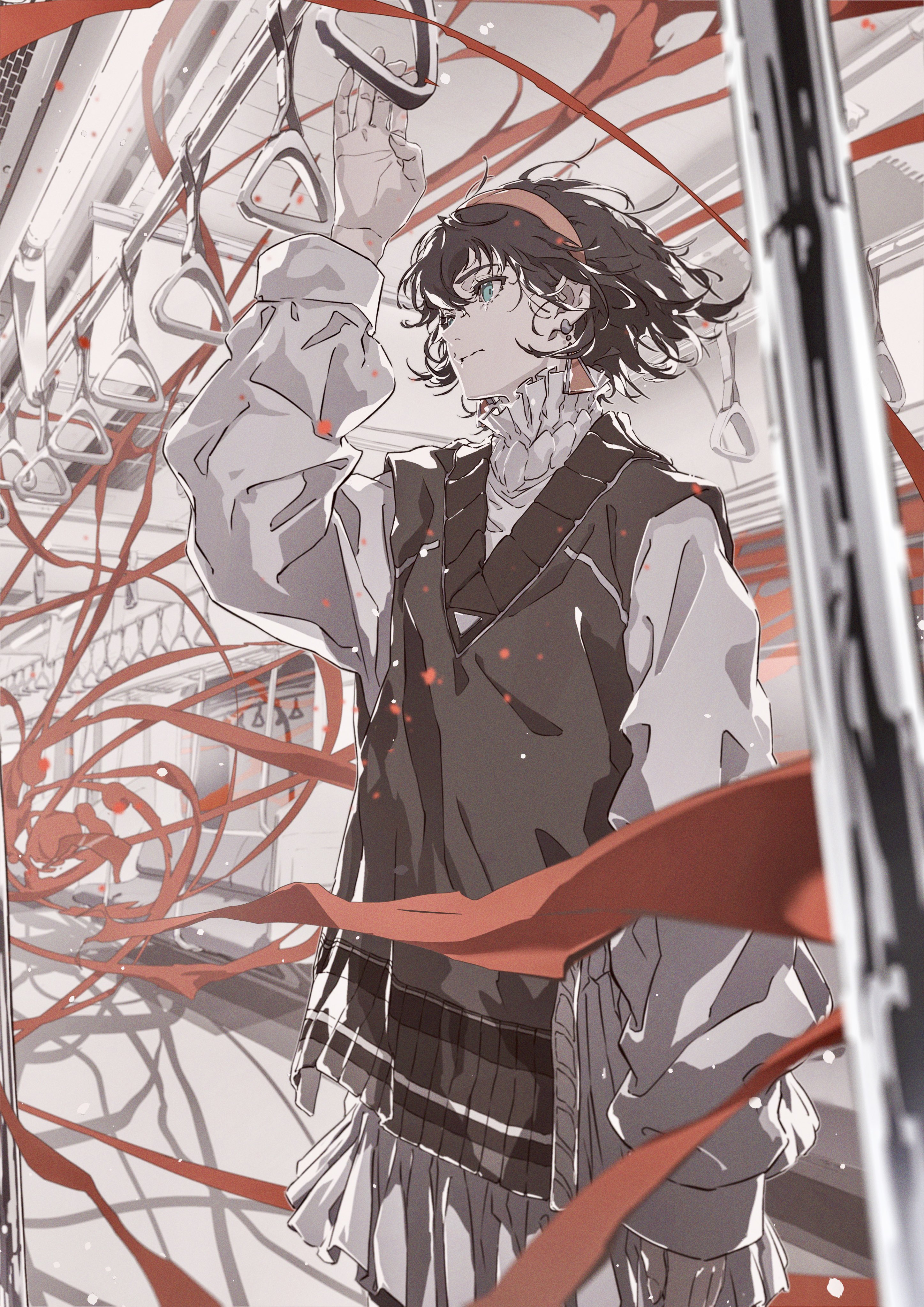 an animestyle illustration depicts a young woman standing in a train or subway car, holding onto the overhead rail. she has short, dark hair with a headband and teal eyes. she wears a highcollared, frilly shirt under a dark vest, paired with a pleated skirt. red ribbons are intertwined throughout the scene, adding a dramatic touch. the train interior is rendered in a detailed, artistic style with a mix of light and dark tones. the character's expression is neutral as she looks off to the side.