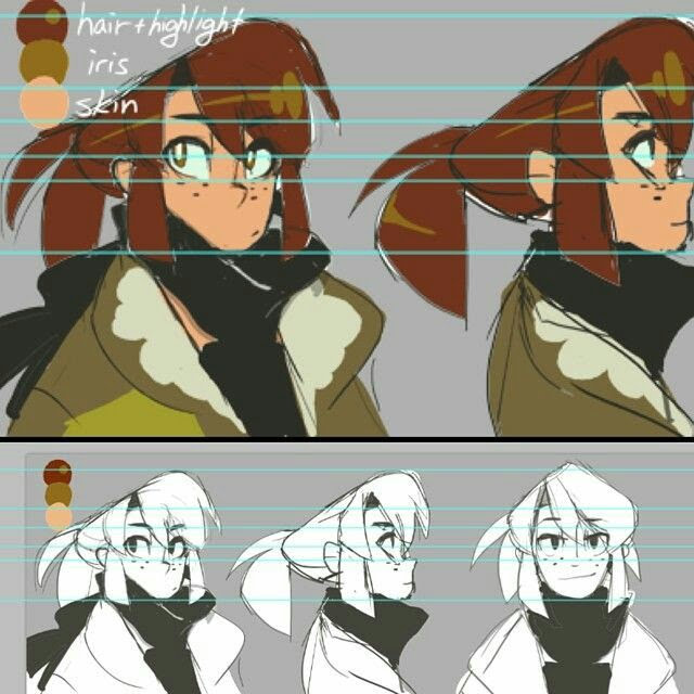 the image is a character design of an anime girl. the top part of the image shows the character in color with different angles of her face, while the bottom part of the image shows black and white line art of the character's face in different angles.  the color palette of the character is displayed in the top left corner of the image, and the color categories are labeled as "hair + highlight," "iris," and "skin." the top of the image is overlaid with a grid.
