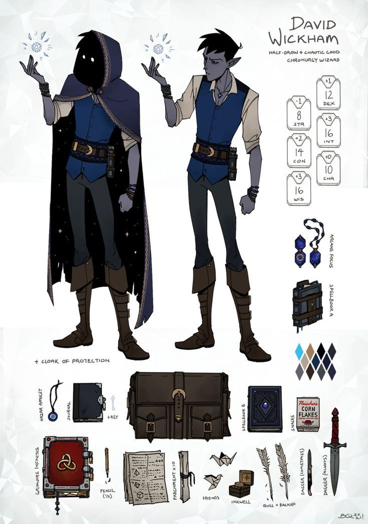 the image is of a character sheet for a dungeons and dragons character named david wickham. he is a halfdrow and chaotic good wizard. his stats are shown on the right side of the image, along with his equipment.  the character has several items in his inventory, such as a spellbook, a dagger, parchments, a quill, an inkwell,  and a box of rhincher's corn flakes.  the left side of the image shows a fullbody rendering of the character in two different poses.  he is shown in his casual clothes and with a cloak and an amulet.