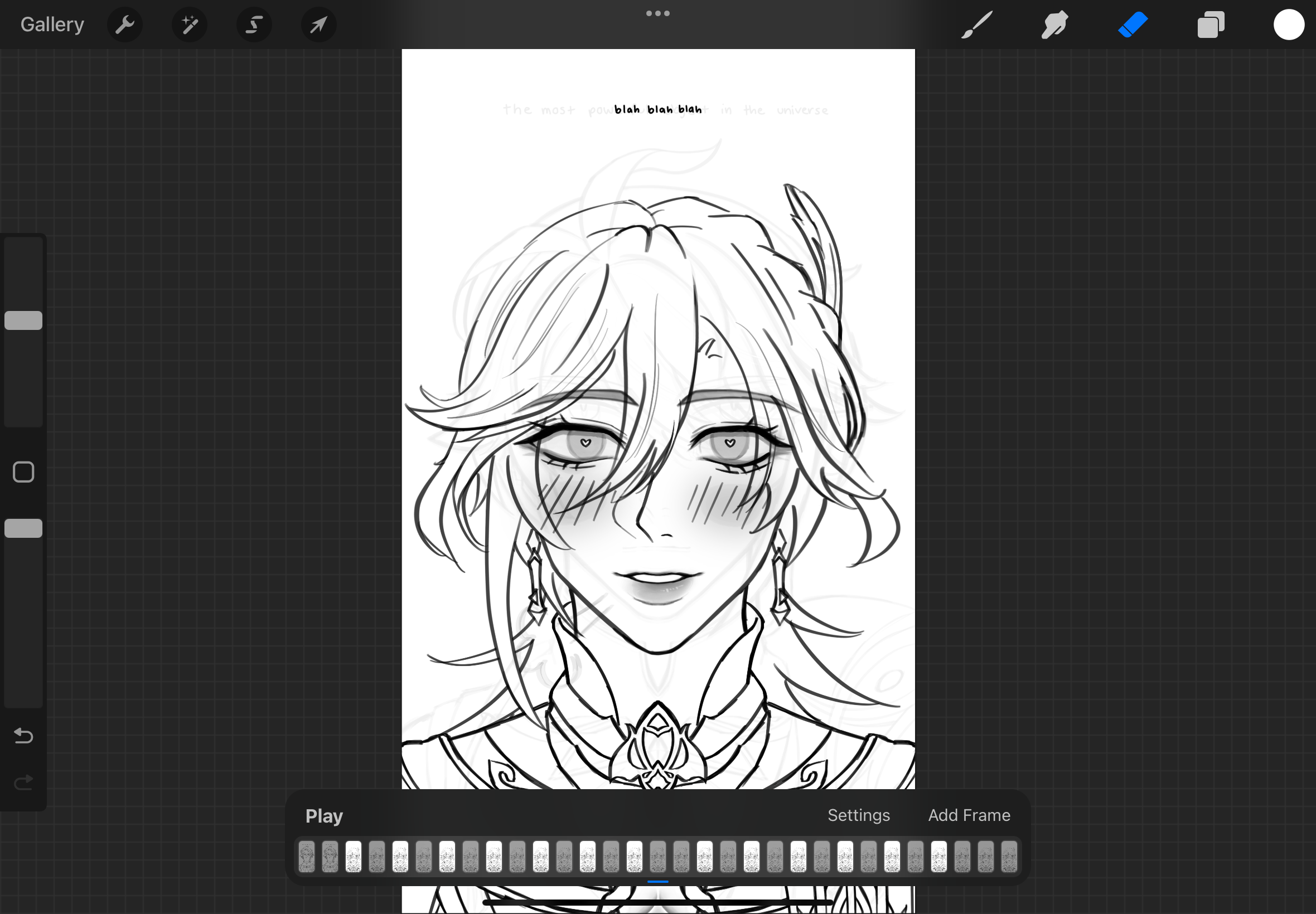 the image shows a black and white line drawing of an animestyle character. the character is depicted from the chest up, with visible facial features including heartshaped eyes, a small smile, and blushing cheeks. their hair is stylized with multiple strands and a decorative piece on one side. the character is also wearing jewelry, likely earrings. the drawing is created using procreate on an ipad and includes the app's interface with tools and options along the top and bottom of the screen.