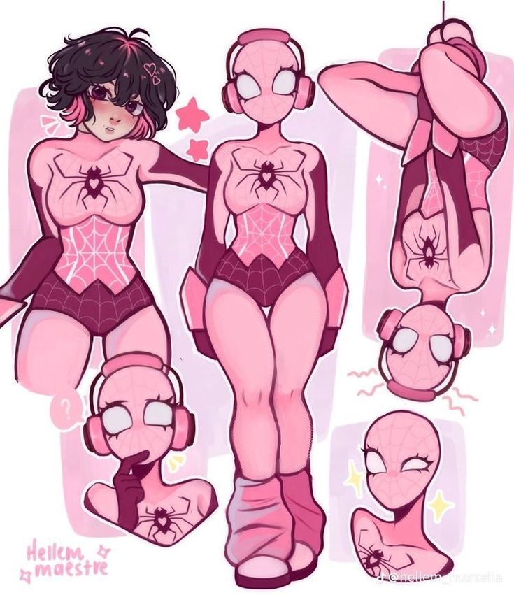 the image is a digital illustration of a pink spiderman girl. she is shown in several poses, including standing, hanging upside down, and looking at the viewer. she is wearing a pink and black spiderman suit with a black spider on her chest. the image is drawn in a cute, anime style. she appears to be happy and cheerful with a big smile on her face. her eyes are wide and round, and she has a cute, round face.