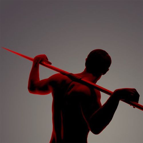 a silhouette of a man holding a red spear over his shoulder,  his body is a dark shape against a light background, his face is hidden but his pose is muscular and strong.  the spear is held at a dynamic angle which creates a sense of motion and power. the red color creates a feeling of intensity and passion.