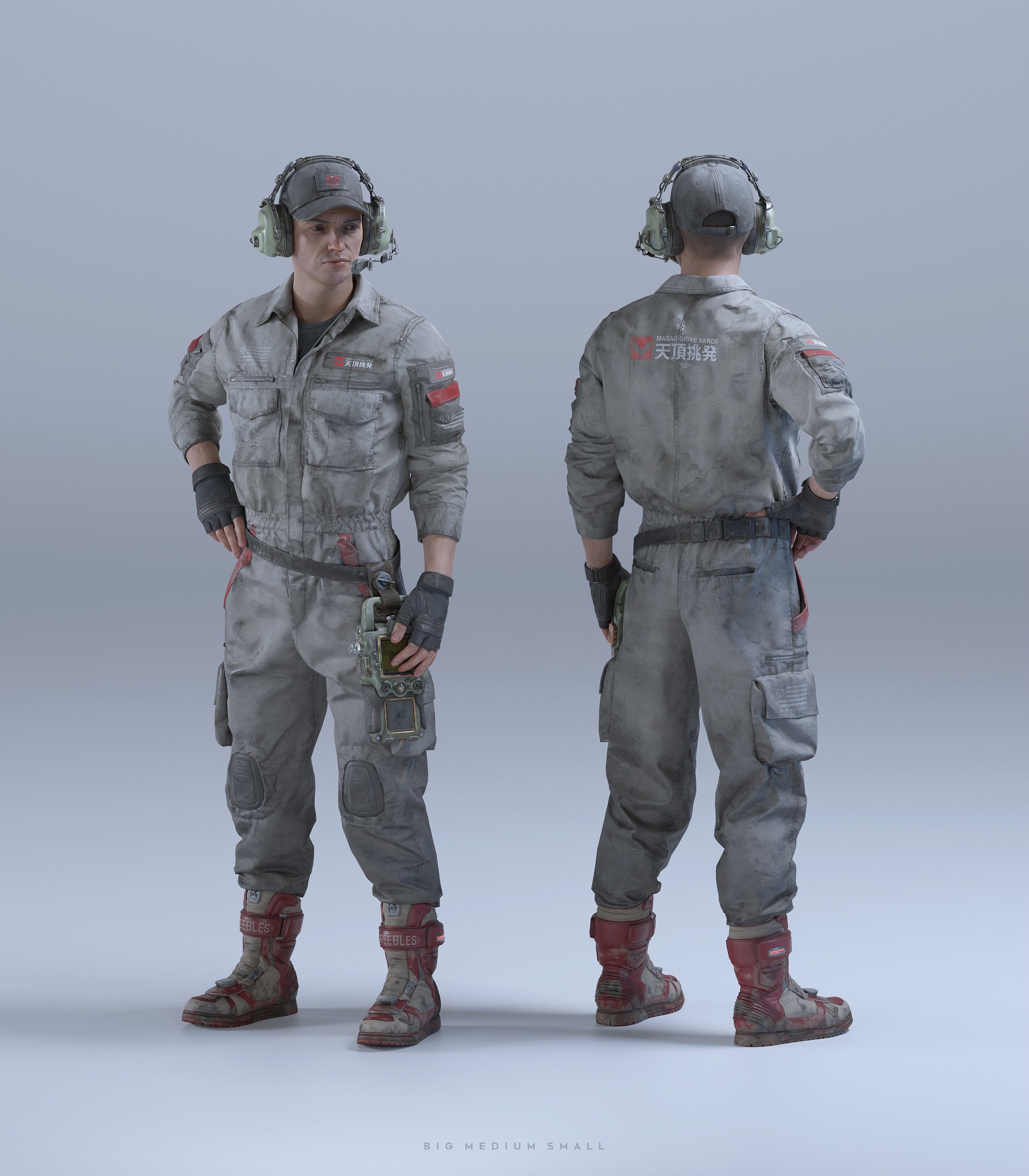 the image presents a 3d model of a male character, rendered in high detail, shown from both the front and back.  he's wearing a greyishwhite, heavily textured and seemingly worn jumpsuit that resembles workwear or a military uniform. the jumpsuit features pockets, cargostyle pants, and what appears to be a logo or text in asian characters on the back.  he also wears red and darkgrey combat boots, a darkcolored cap, and a headset. the overall aesthetic suggests a postapocalyptic, futuristic, or scifi setting.  the character appears tough and possibly utilitarian, possibly in a role of a mechanic, engineer, or soldier.  the background is a plain, lightgrey color, which keeps the focus solely on the character model.