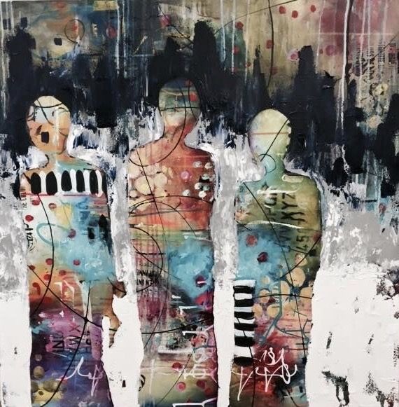 the image is an abstract painting featuring three figures standing sidebyside against a textured and layered background. the figures are stylized and lack distinct facial features, their forms created through a combination of colors, patterns, and collage elements. the background is a mix of black, white, blue, and other colors, with visible brushstrokes and various textures. the painting incorporates elements of mixed media, including collage fragments and linear details. the overall impression is one of modern, expressive art, where the artist explores themes of identity and human connection through abstract form.