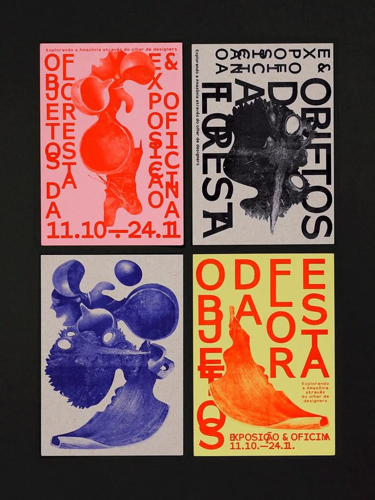 the image shows four posters with abstract art and typography in pink, black, blue, yellow, and orange. the posters announce an exhibition and workshop from 11.10 to 24.11, with the title "objetos da floresta."
