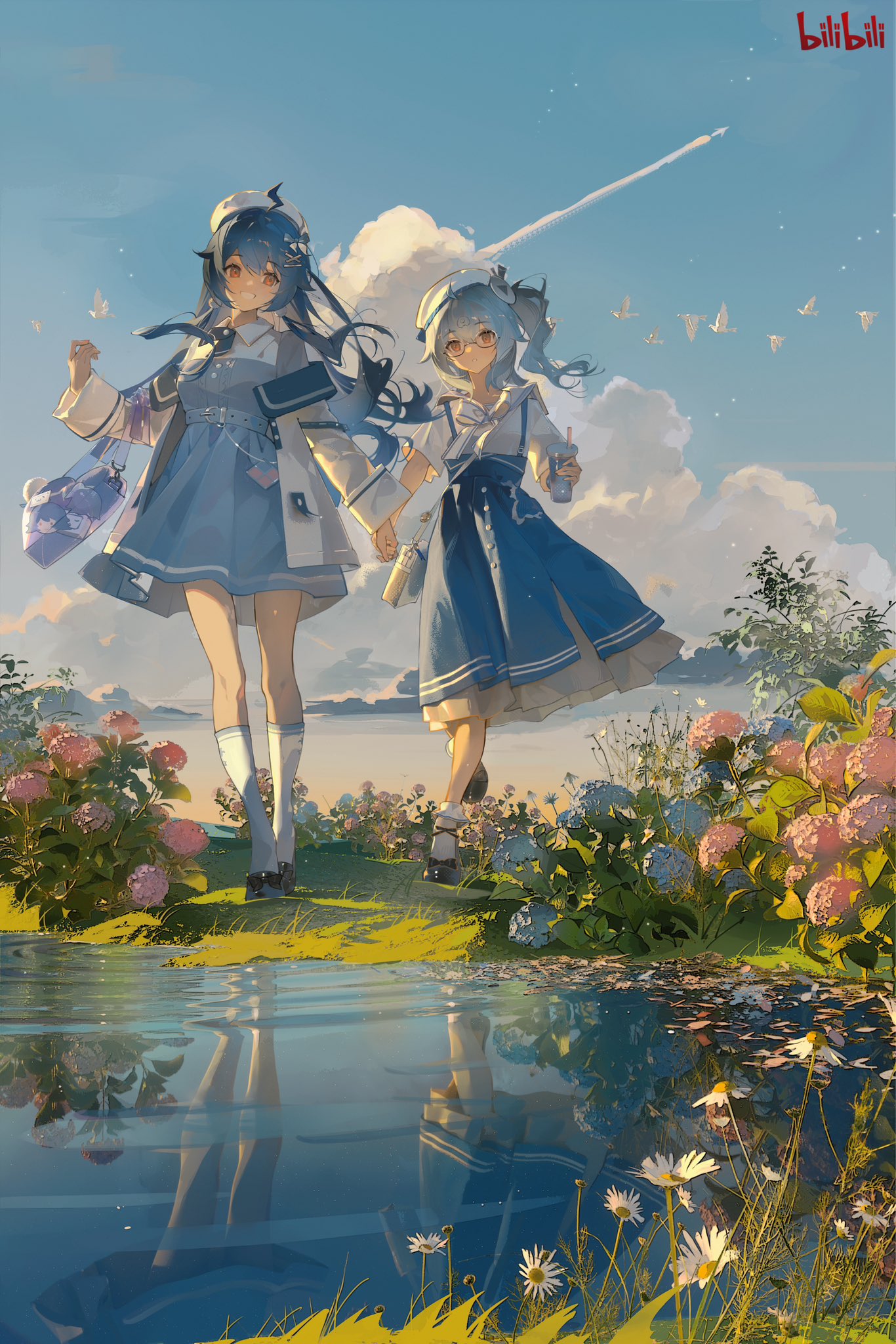 the image is a digital painting of two anime girls walking handinhand along a path next to a pond. they are wearing matching blue sailorstyle dresses and white socks, and the path is lined with vibrant hydrangeas and daisies. the sky is clear and blue with fluffy white clouds, and a few birds fly in the distance. the overall mood is peaceful and serene. the image is likely fan art, with the "bilibili" watermark suggesting it's from the chinese videosharing platform.  the girls' reflections are visible in the still water of the pond.