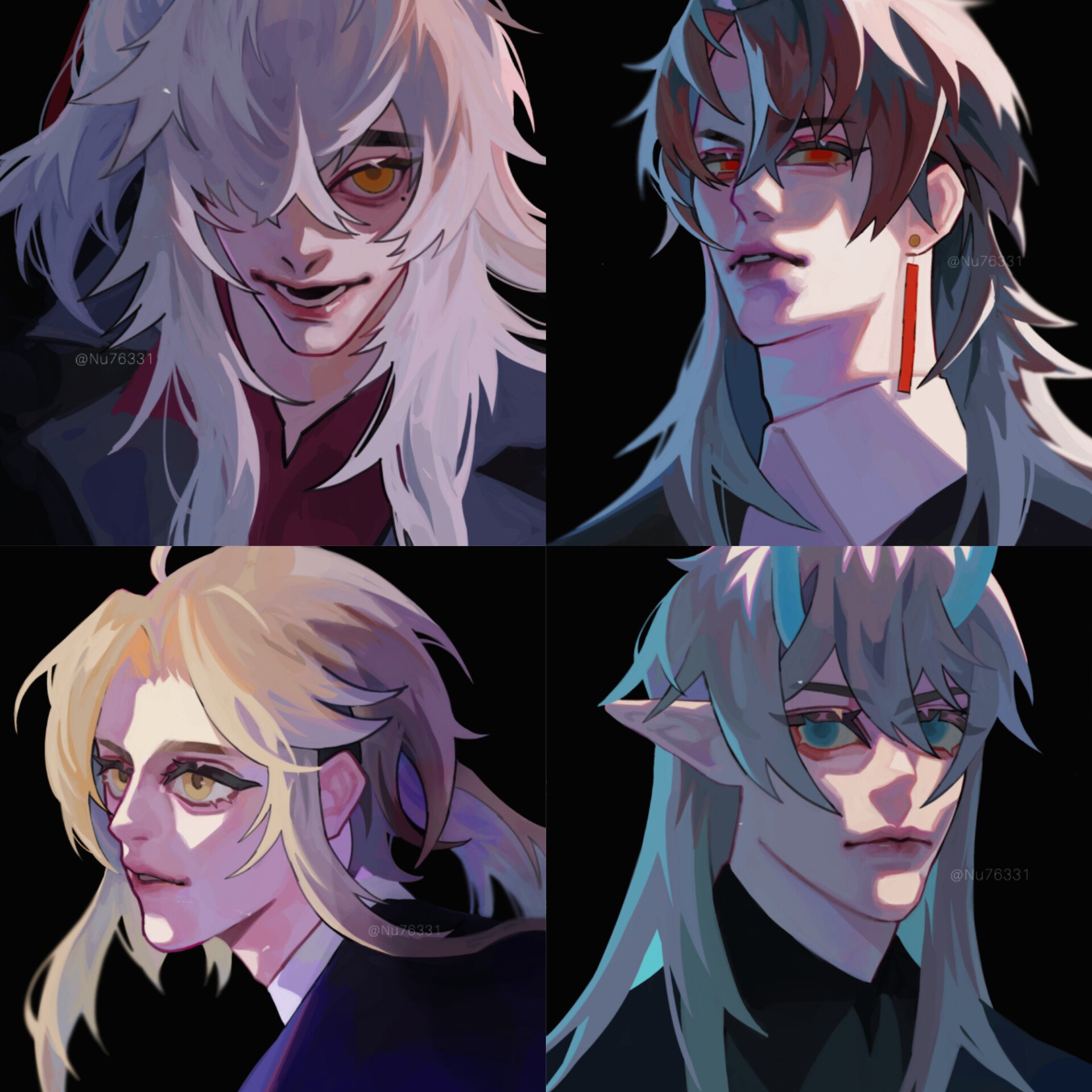 this digital illustration features four anime characters, all male and each with a unique and stylish look. the first character has long white hair, blue eyes, and a smirk. he wears a dark suit with a red undershirt. the second character has long brown hair, red eyes, and a serious expression. he wears a black suit with a white undershirt and has a red earring. the third character has long blonde hair, brown eyes, and a sweet expression. he wears a dark suit with a blue undershirt. the last character has long silver hair, blue eyes, and a confident expression. he wears a black suit with a white undershirt and has small horns on his head. each character is depicted in a closeup portrait and is drawn with a soft, stylized aesthetic that accentuates their features and expressions.