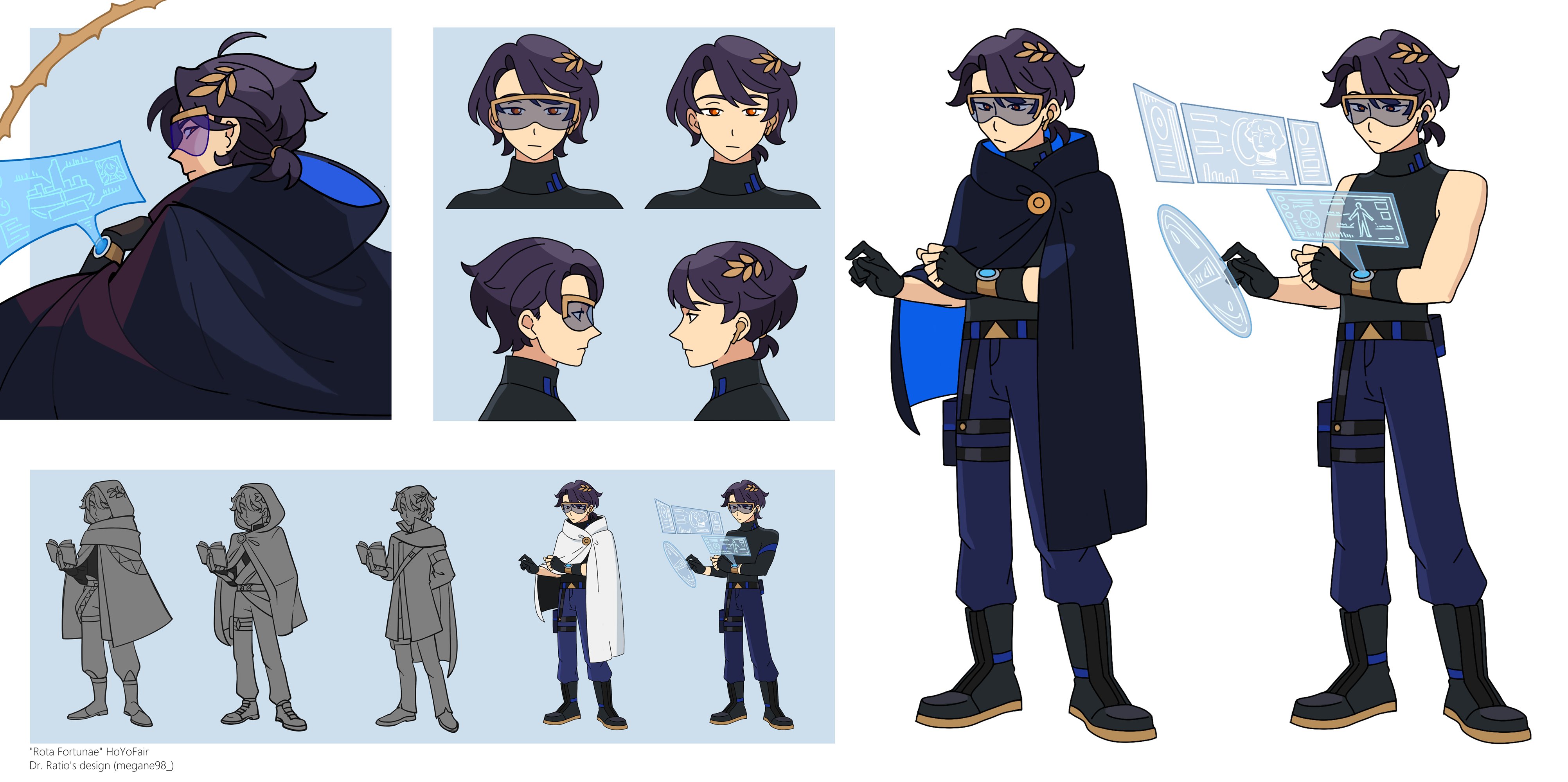 he image is a comprehensive character design sheet for a male anime/manga style character. it features various views and expressions of the character, including different outfit variations and poses.  there are closeup shots of the character's face, showcasing different facial expressions and hairstyle details.  the character is depicted with purple hair, glasses, and several outfits, including a dark cape and a more futuristic, techfocused attire. the background includes digital interfaces suggesting a technological element to the character's persona.  several variations of the character in grayscale sketches are shown, indicating different design stages or explorations.  the overall style is clean, colorful, and wellorganized, typical of character design work for animation or video game development.  a small caption at the bottom indicates the character's name and the designer's information.