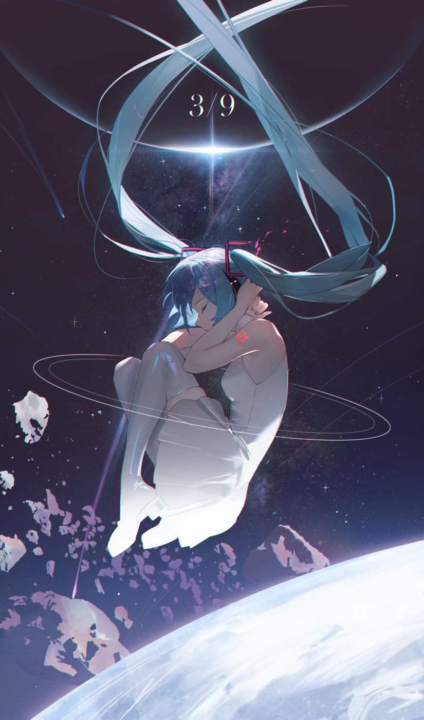 the image depicts an anime girl with long, blue twintails floating in space. she's wearing a white dress and is curled up, seemingly asleep or lost in thought. around her is a field of asteroids and a large planet below. stars dot the background, and there is a bright light above. the number "3/9" is visible in the upper portion of the image. an ethereal ring encircles her.