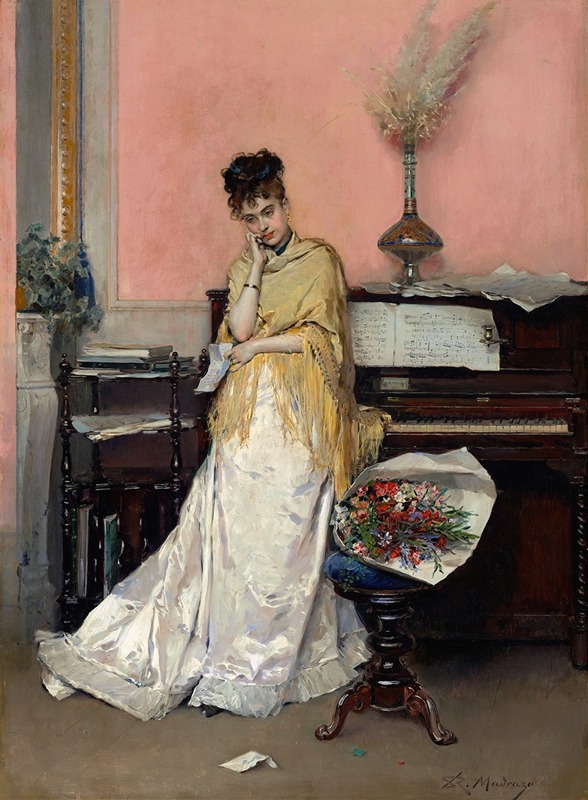 a painting titled "thoughts while at the piano" by jose maria madrazo depicts a woman in a contemplative pose in an ornate room. she sits near a dark wood piano, a sheet of music resting on it. she wears an elegant white gown and a golden shawl. in her hand, she holds a letter, and another one is on the floor. a bouquet of flowers sits on a blue velvet stool next to her. in the background, a decorative vase is placed on the piano, and books are stacked on a table to her left. the room is painted with soft pink walls, and the overall impression is one of melancholy and elegance.