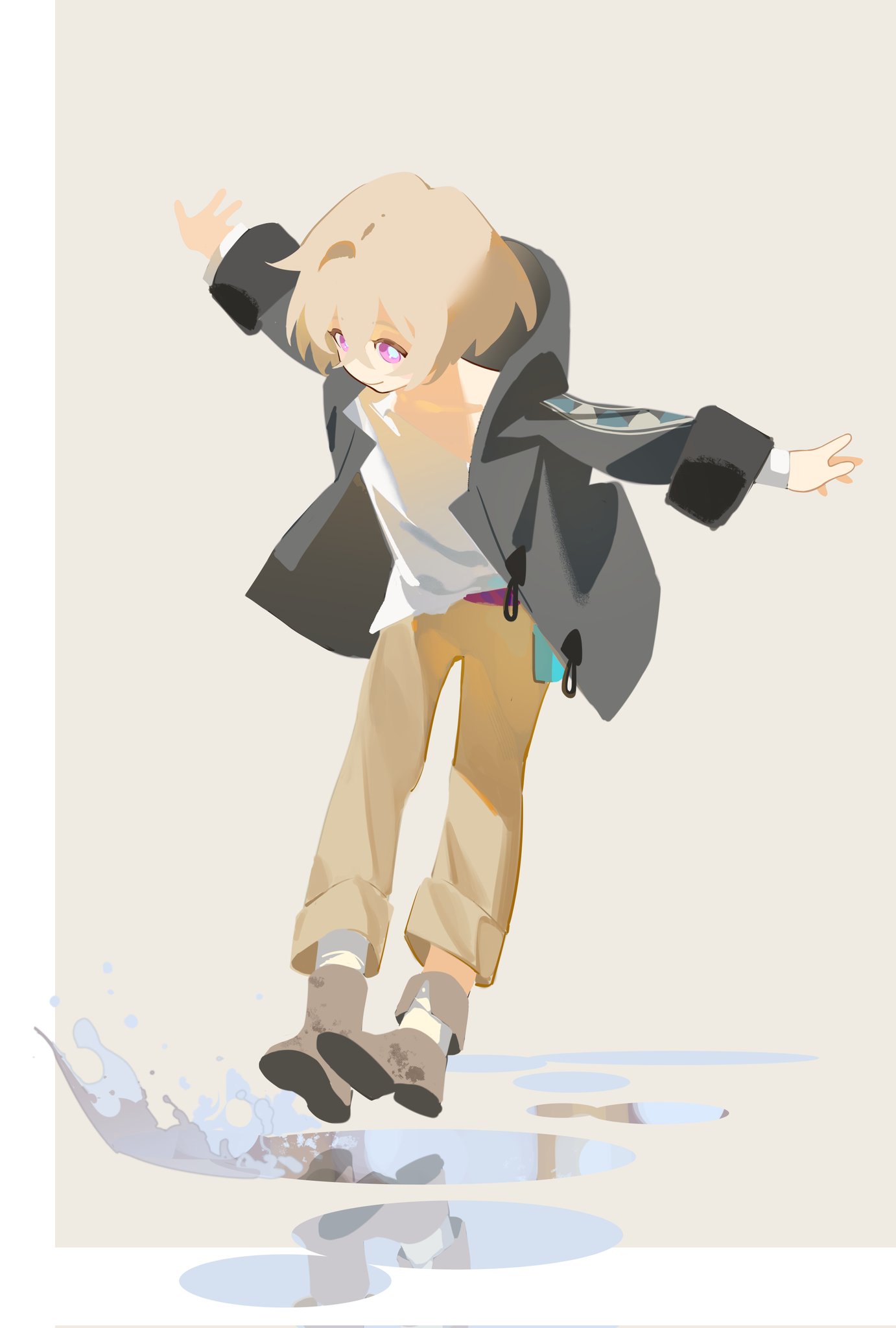 a young anime girl with blonde hair and purple eyes is standing in a puddle of water. she's wearing a black jacket, white shirt, brown pants, and black boots. she's smiling and seems happy. the background is a simple grey sky with a hint of blue.  the girl's reflection is seen in the puddle of water.  this illustration is done in a simple and minimalist style.