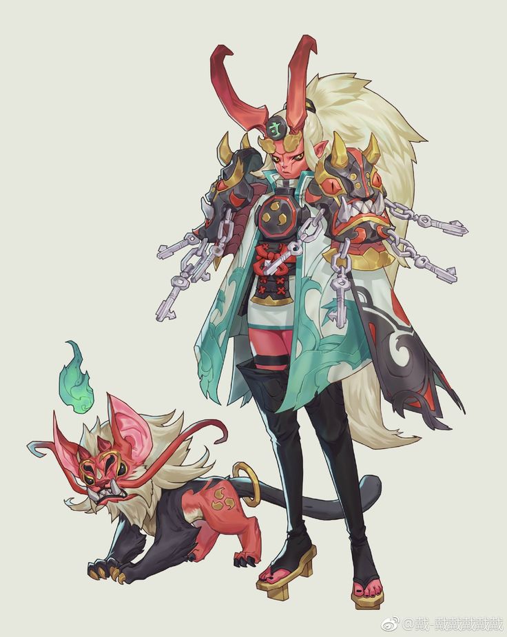 the image is a digital illustration of a female character in a fantasy setting. she has red horns, a red and white kimono, and a pair of chained keys. her animal companion is a beast, standing on all fours with a large tail and a fierce expression. the background is a simple light grey.