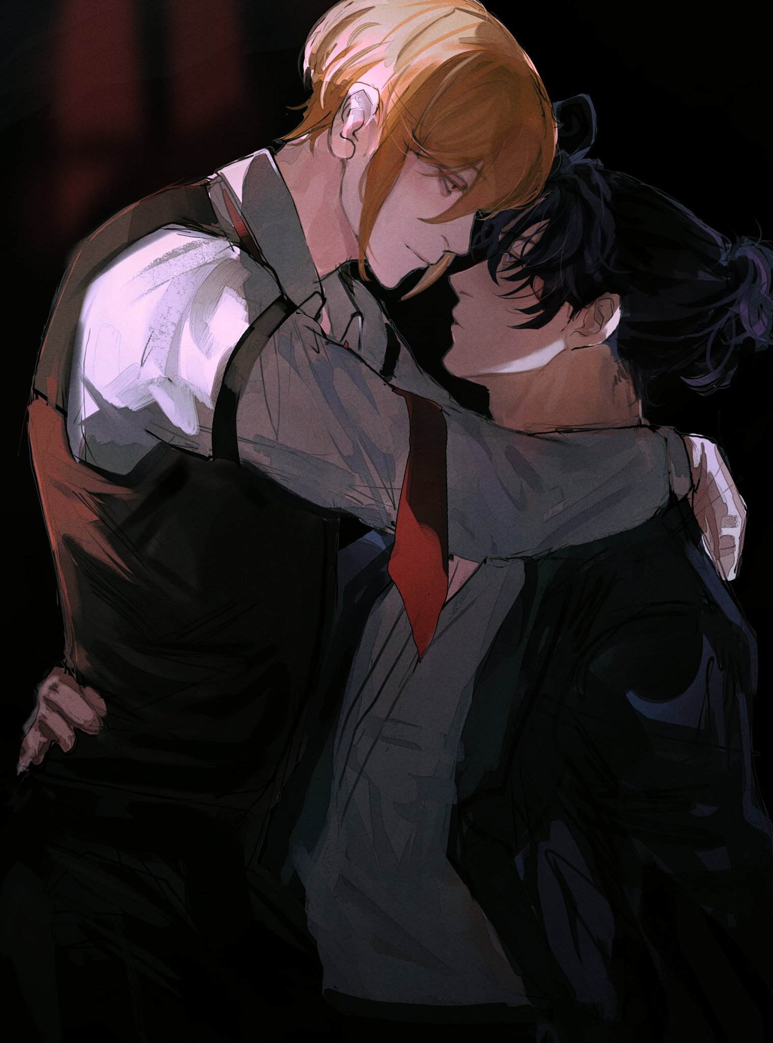 the image features two anime characters, one with blonde hair and a red tie, and the other with black hair, in a close embrace. they are looking at each other with affection, and the blondehaired character appears to be leaning in for a kiss. the image is set against a dark background, which creates a sense of intimacy and secrecy. the characters' expressions and body language suggest that they are deeply in love.