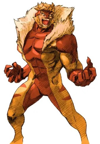 this is a digital illustration of sabertooth from marvel comics. he is a mutant with enhanced senses and strength, along with a ragefilled personality. in this depiction, he has a red and yellow costume, a distinctive fur collar, and large, sharp claws on his hands. his expression is one of ferocious anger, with his mouth wide open and teeth bared. the image captures the character's aggressive and dangerous nature.