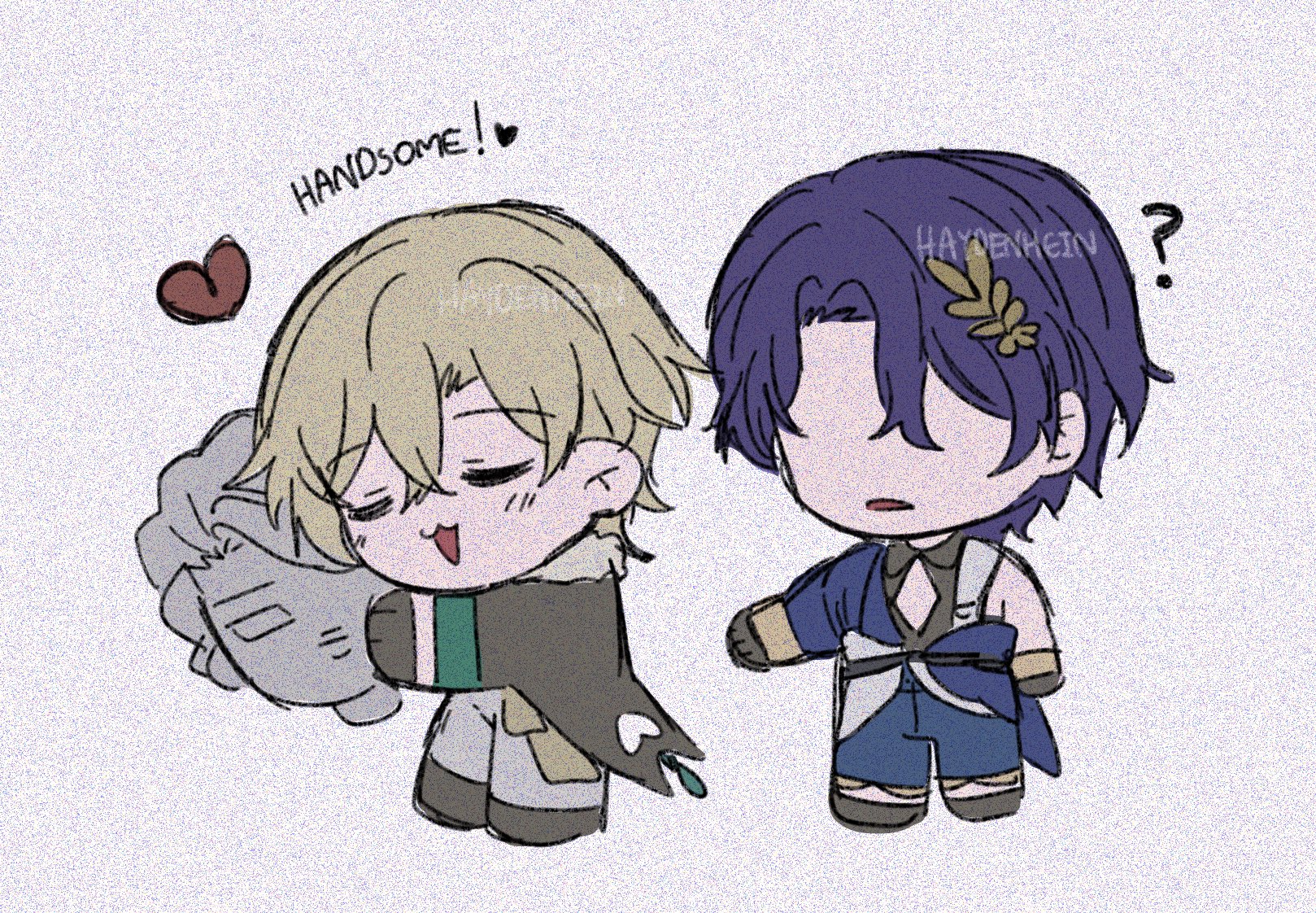 the image is a cartoon illustration of two anime boys. the boy on the left is blonde with a big grin, holding a gray stuffed animal and wearing a green and brown jacket. the boy on the right has purple hair and is wearing blue and white clothing. he's looking confused and pointing at the blonde boy while the blonde boy says "handsome!" the blonde boy is blushing. there is a heart above the blonde boy's head and a question mark above the purplehaired boy's head.