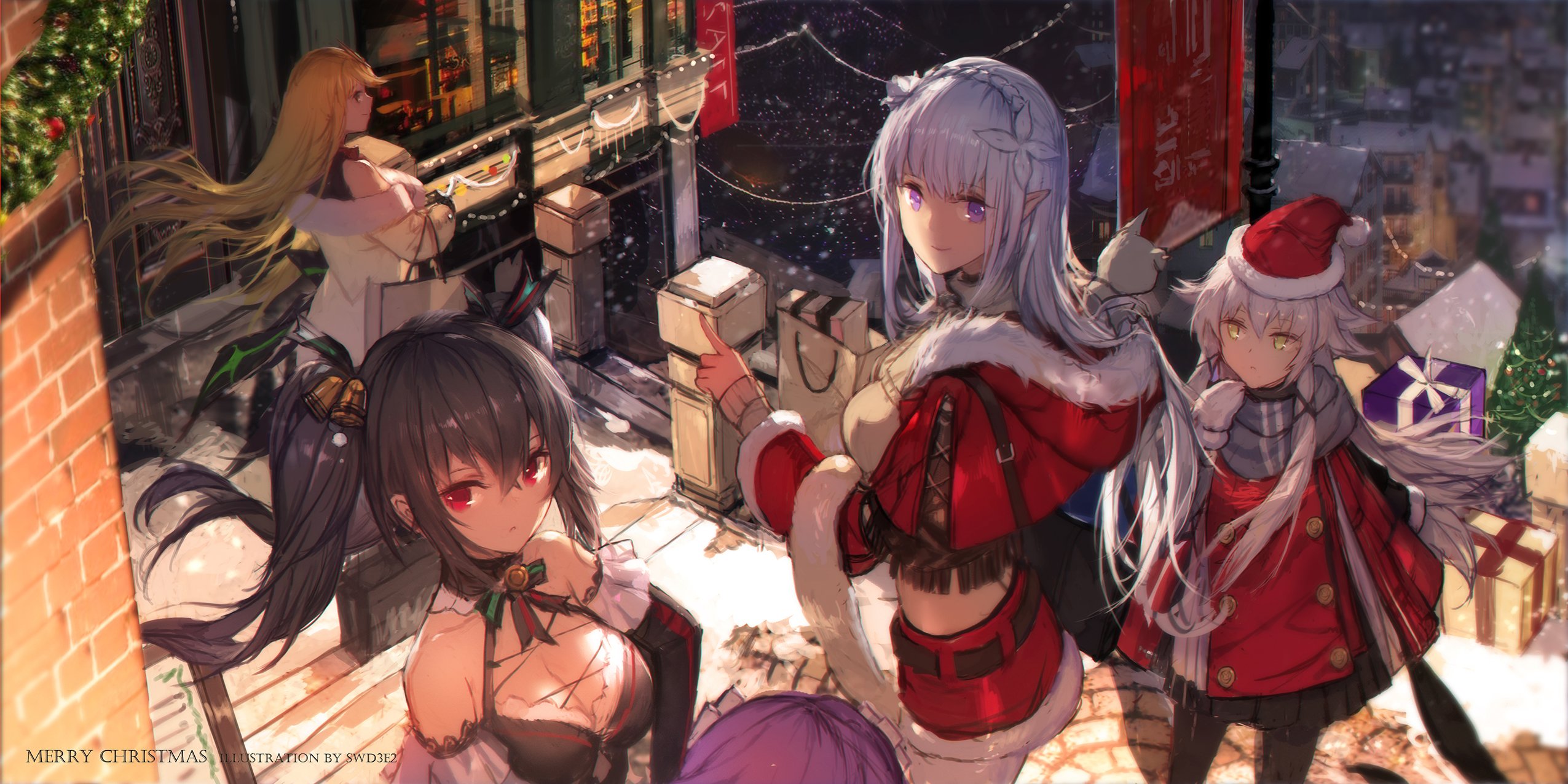 the image is a digital illustration depicting four anime girls in a winter city setting.  it's christmastime, with snow falling gently. three of the girls are dressed in festive clothing, including red and white holiday outfits and a santa hat. they carry shopping bags, suggesting christmas shopping. one girl has long blonde hair, another has long purple hair with elflike ears, and a third has long white hair.  a fourth girl with long dark hair and red eyes is dressed in a more gothic style but still appears to be participating in the christmas festivities. the background features a snowdusted cityscape with warm lights emanating from buildings.  a christmas tree and presents are partially visible in the background. the overall style is vibrant and detailed, capturing a cheerful christmas atmosphere. the bottom left corner includes the text "merry christmas illustration by swd3e2".