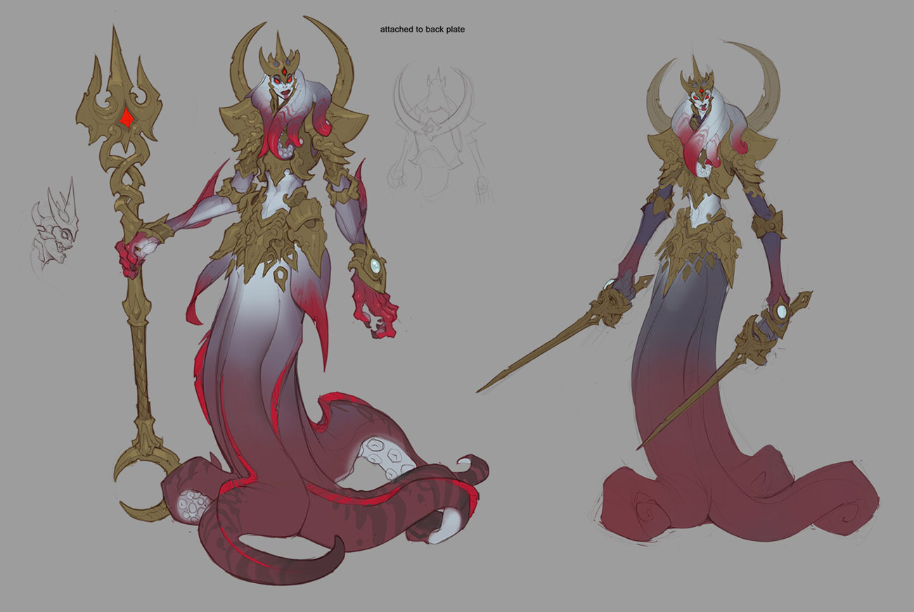 the image showcases concept art for a female fantasy character, possibly a goddess or queen.  she possesses features of both a human and a sea creature, specifically an octopus or kraken, with tentacles forming her lower body. she wears elaborate gold armor with intricate detailing. she's depicted holding a trident in one version and a pair of swords in another. the color palette is dominated by reds and golds, accented by the character's pale skin.  a smaller, less detailed sketch is included, showing an alternative back design. the style suggests game art or illustration for a fantasy setting with a strong mythological influence.  the crescent moon imagery in her crown and staff hints at a lunar or celestial theme. the overall design demonstrates a high level of detail and skill in character creation.