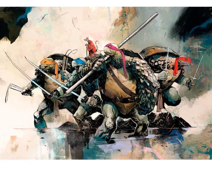 this is a cool, gritty illustration of the teenage mutant ninja turtles. the four brothers are drawn in a dynamic, actionpacked pose, ready for battle. they are armed with their signature weapons, and their expressions are fierce and determined. the background is dark and gritty, setting the scene for a dangerous fight. overall, this is a visually stunning and exciting depiction of the tmnt, capturing their iconic style and attitude.