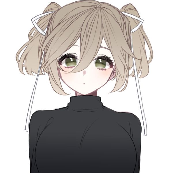 the image is a digital drawing or illustration of a cute animestyle girl. she has long, light brown hair styled in pigtails with white ribbons.  she's wearing a black turtleneck sweater and has a gentle, peaceful expression with green eyes and a light blush. the art style is soft and somewhat simplistic, with a focus on clean lines and muted colors. the background is plain white, drawing attention solely to the character.