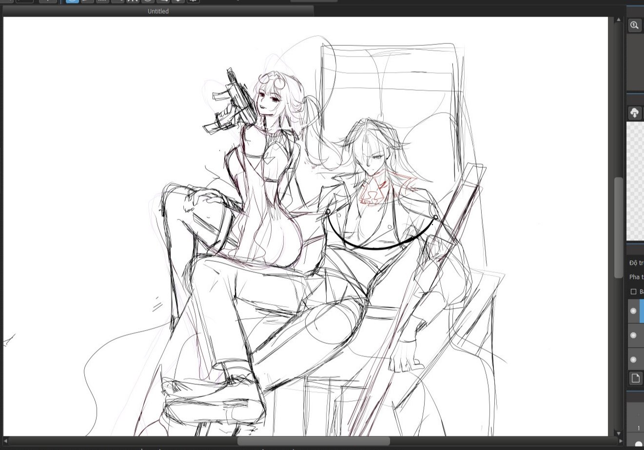 this is a digital sketch of two anime characters, a female and a male, sitting on a throne. the female character is holding a gun and looks to be in a threatening pose. the male character has a sword in the background and seems to be looking at the female character. the sketch is still in its early stages, but it already shows a lot of promise and the characters have a lot of detail. the background is very simple, but that allows the focus to be on the characters. overall, this is a great example of a sketch that has a lot of potential.