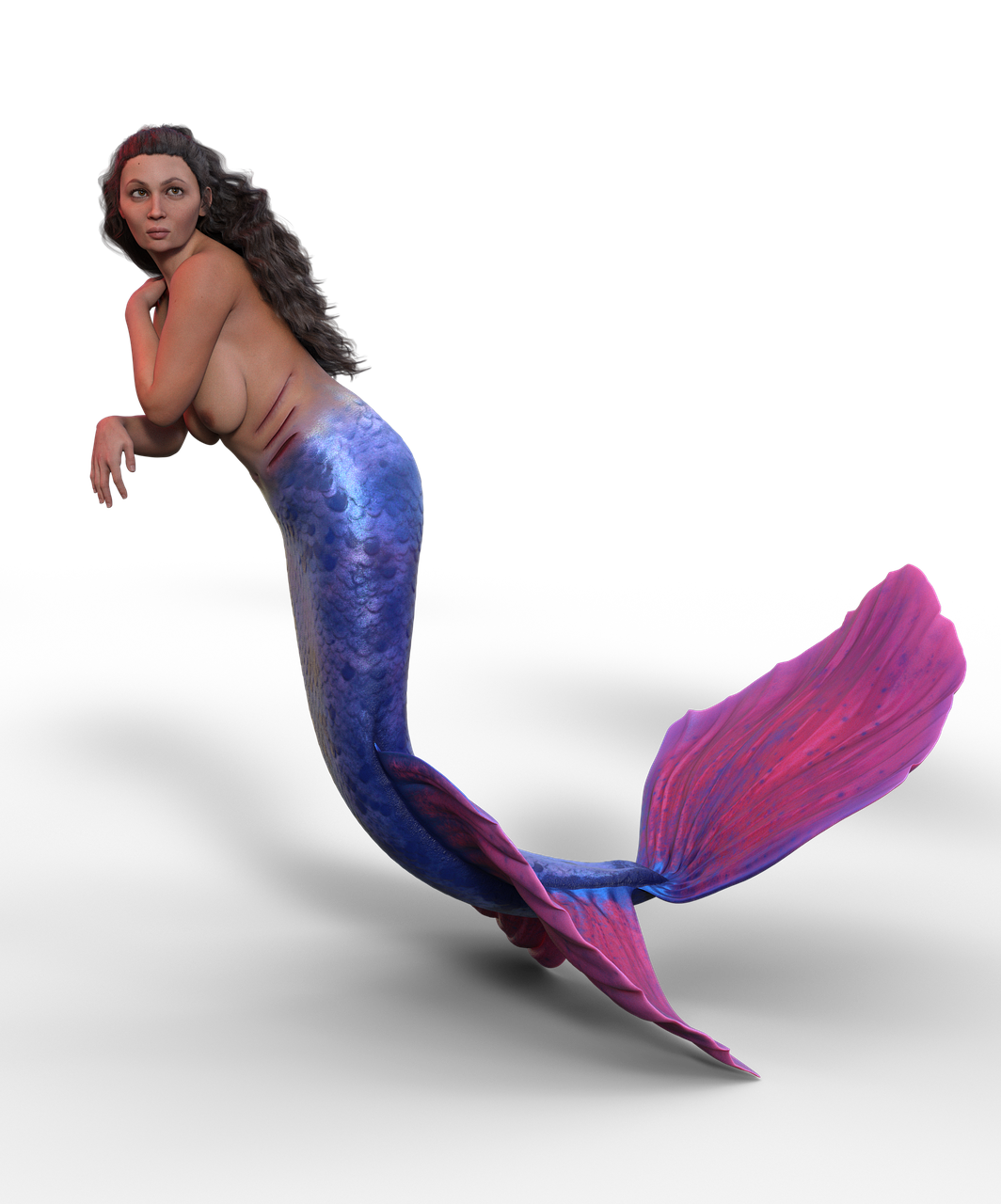 a 3d rendering of a mermaid with a blue scaled tail and a pink tail fin, swimming against a black background. the mermaid has long, dark hair and appears to be a caucasian woman.