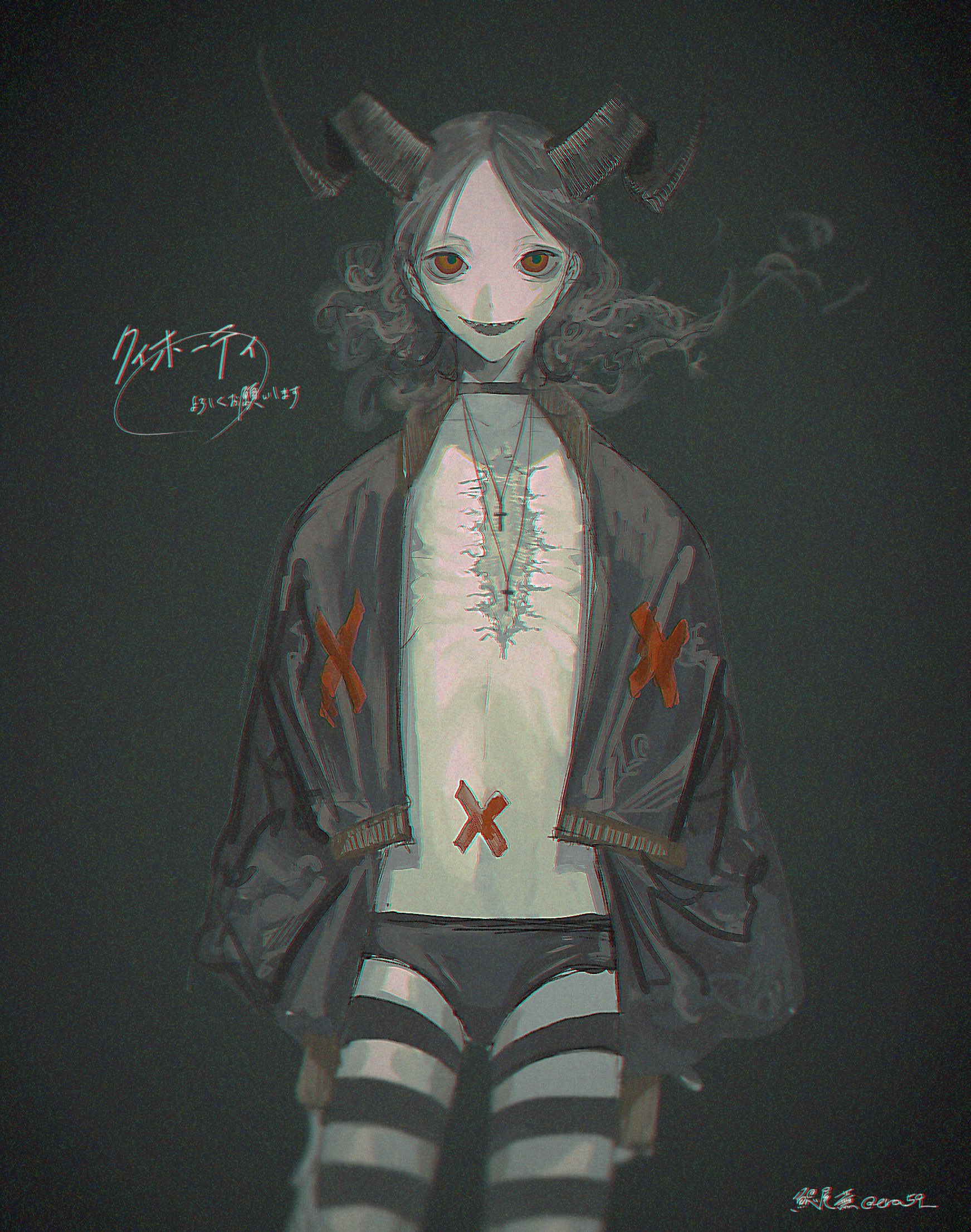 he image showcases a digital painting or illustration of a stylized female character with demonic features. she has horns, unsettlingly large eyes, and a pale complexion.  she's dressed in a darkcolored jacket with xshaped markings, a lightcolored top with further x marks, and striped stockings. the overall aesthetic is dark, gothic, and mysterious, blending anime/manga style with a grunge or alternative fashion sensibility. the background is dark and muted, further emphasizing the character's striking appearance. the style is painterly, with visible brushstrokes and a somewhat desaturated color palette. there's a sense of unease and intrigue about the character's expression and overall presentation.  japanese text is visible in the upper left corner and lower right corner.