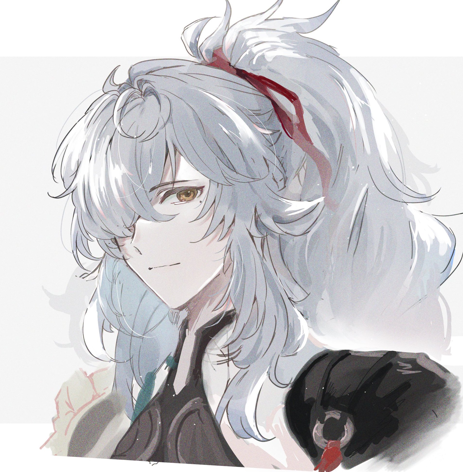 an animestyle illustration of a girl with long white hair pulled back in a ponytail with a red ribbon. she is wearing a black and white outfit and is looking at the viewer with a slight smile on her face.