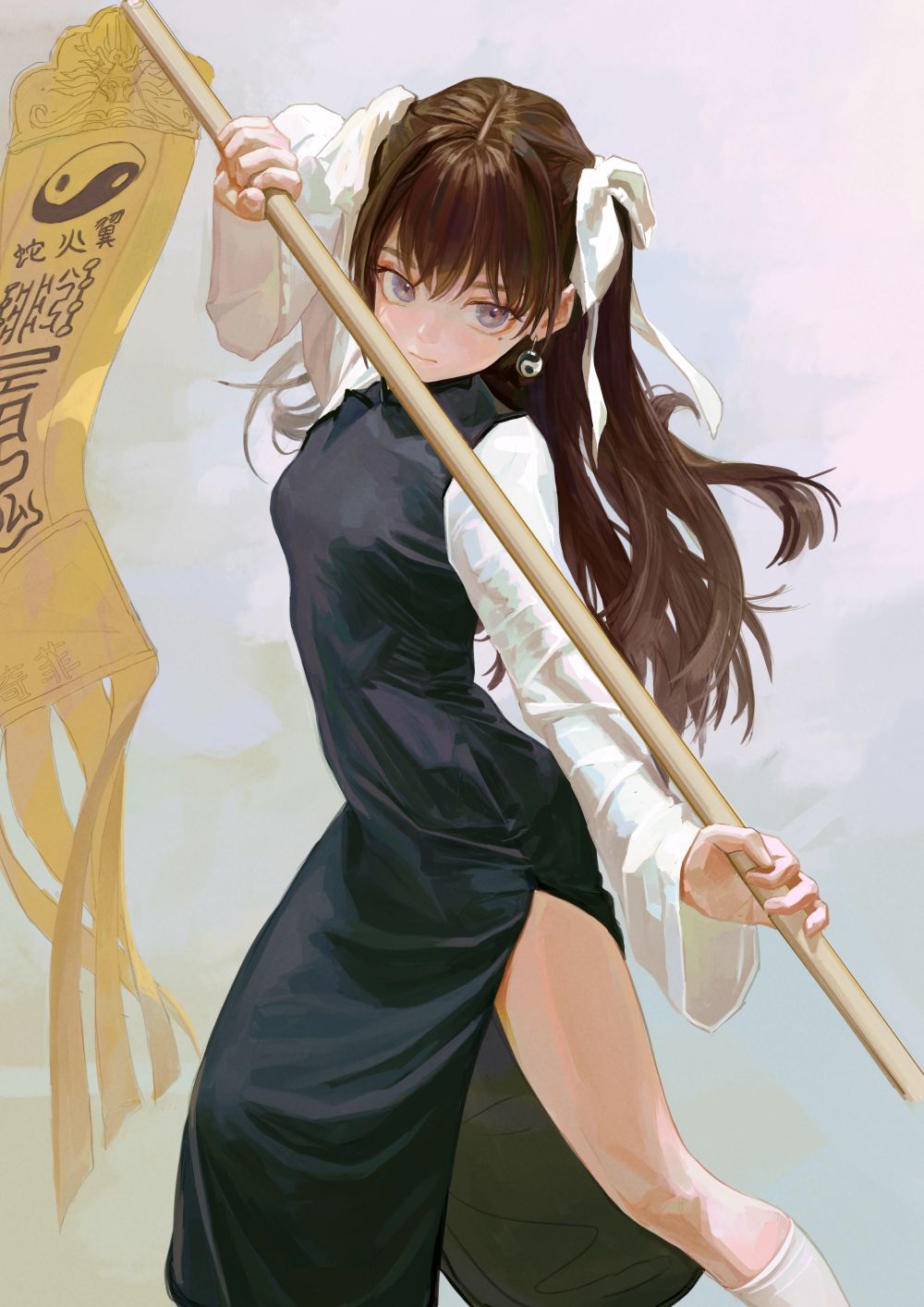 an animestyle illustration features a young woman in a traditional black dress with a high slit, revealing one bare leg. she wears white sleeves under the dress and has brown hair styled in twintails tied with white ribbons. she is holding a long staff and a yellow banner with a yin and yang symbol and asian script. she has an earring with a similar symbol on one ear.