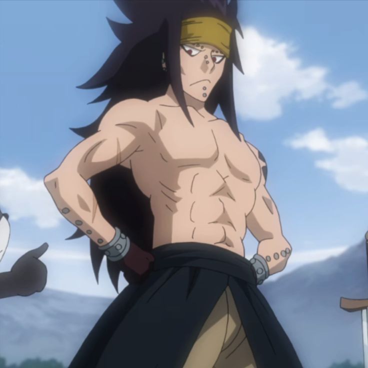 an anime character with dark hair and a muscular build is standing outdoors. he is shirtless and wearing black pants, black gloves, and a golden headband. the background shows sky with clouds, forests, and mountains. there is a sword in the background. the character is looking to his left with a serious expression.