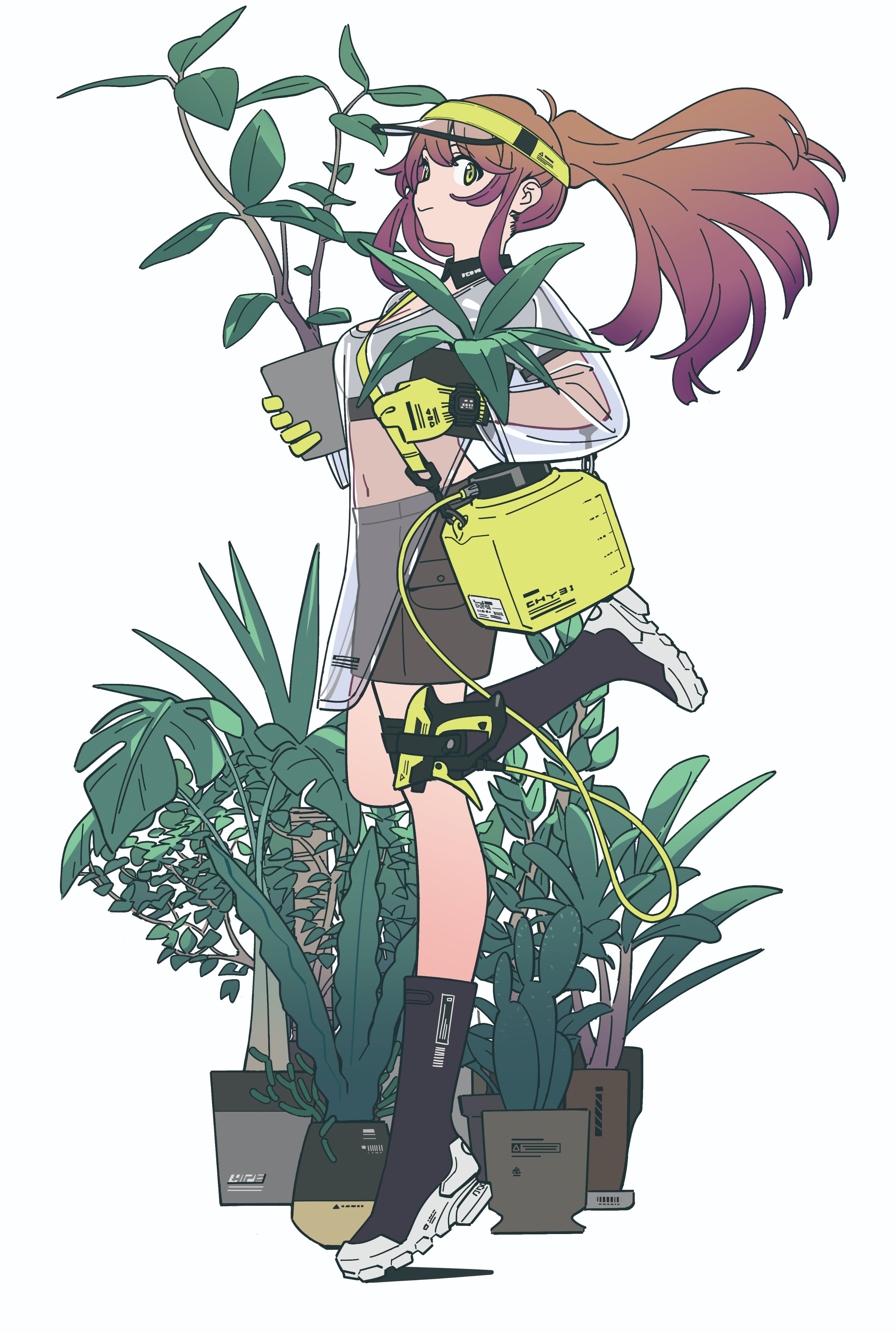 the image is a vibrant digital illustration of a stylish anime girl engaged in gardening. she's wearing streetwearinspired clothing, including a baseball cap, a shortsleeved top, and hightop sneakers. her long, flowing hair is a mix of pink and brown.  she's carrying gardening tools and a backpacklike container, suggesting she's actively working. the backdrop includes a variety of potted plants, showing a range of green hues and shapes. the overall style is a blend of anime and a slightly futuristic, urban aesthetic. the girl's pose is dynamic, suggesting energy and movement. the color palette is bright and cheerful, enhancing the overall positive and lively feel of the artwork.