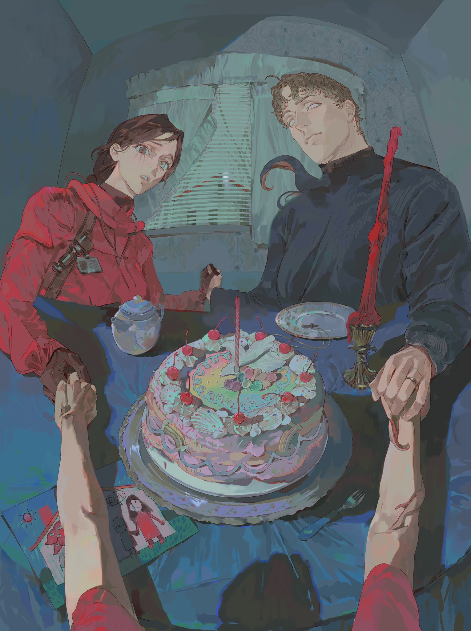the digital artwork depicts a couple sitting at a table with a large cake. the woman is wearing a red jacket and the man is wearing a black sweater. they are holding hands across the table. there is a red candle in a candlestick on the table. the table is covered with a blue tablecloth. in the foreground, there is a drawing of a house and a drawing of a girl. the window has blinds. the overall atmosphere is dark and eerie, possibly inspired by the resident evil series.