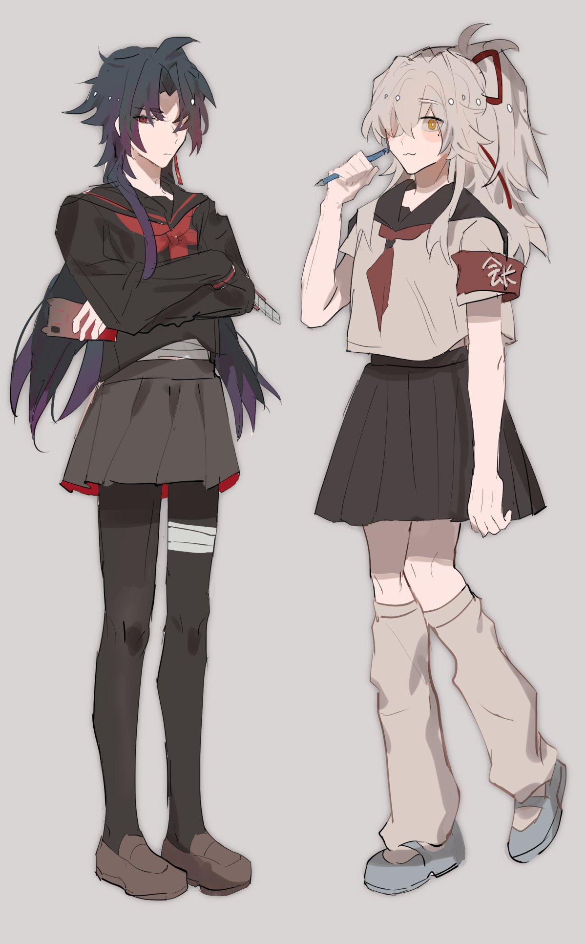 two anime girls standing in a school uniform. one is dressed in black with long hair, the other is dressed in white with long hair.  they are both looking at each other with a serious expression.  the girl on the left is holding a cell phone. the girl on the right is holding a pencil.  they are both wearing black skirts. the one on the right has kneehigh white socks with black shoes. the one on the left has black tights with brown shoes.