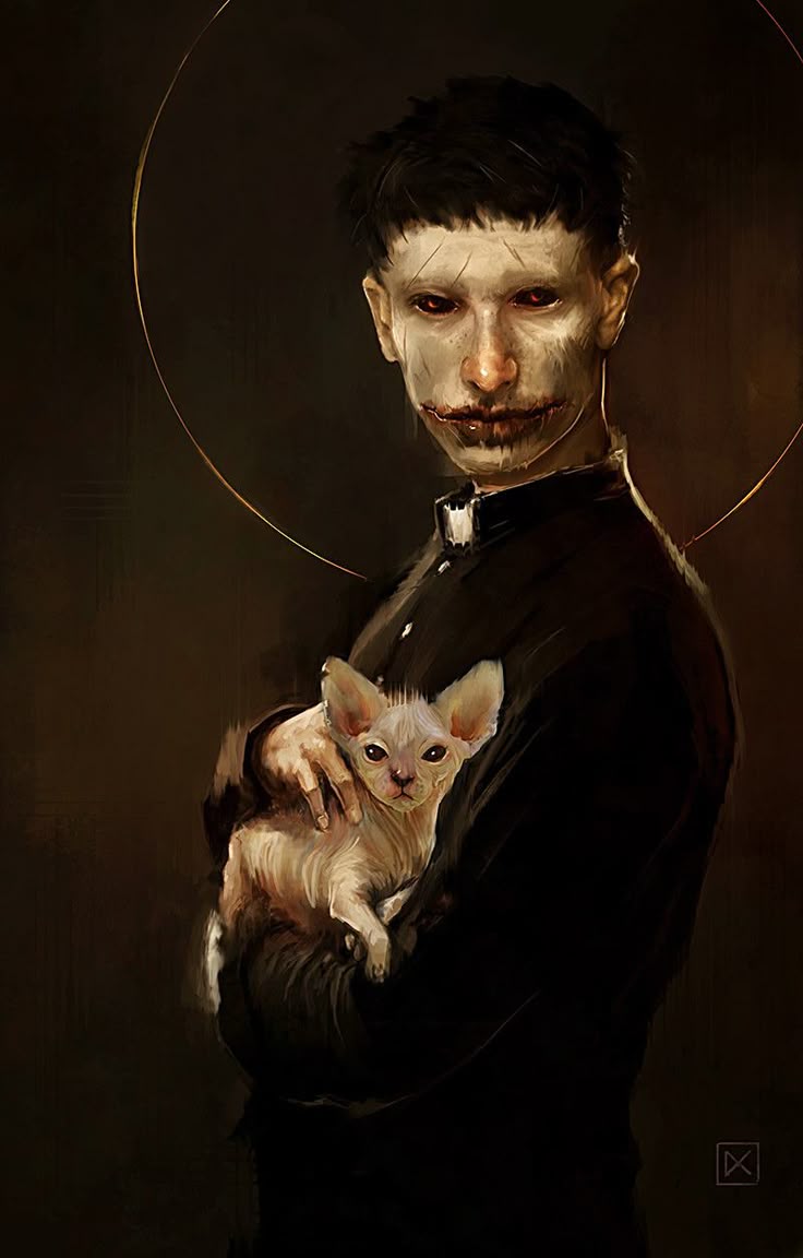 a dark and unsettling digital artwork depicts a scarred priest holding a sphynx cat. the priest has visible scars on his face, particularly around his mouth and eyes, and wears a black clerical collar. a subtle golden halo is positioned behind his head. the sphynx cat is white and hairless, nestled in his arms. the overall tone is dark and eerie, with a focus on the surreal and unsettling aspects of the subject matter.