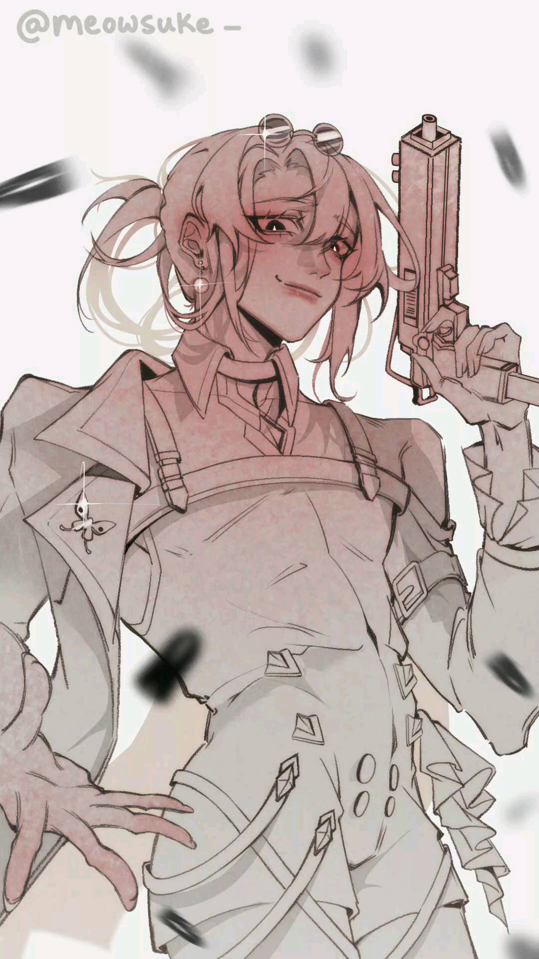 the image is a digital drawing or illustration of a stylized female anime character.  she has light pink hair styled in a high ponytail, goggles on her forehead, and is wearing a lightcolored, somewhat futuristic outfit with straps and buckles. she holds a handgun in her right hand, and her expression is serious and determined. the art style is soft, with pastellike colors and a slightly sketchy, unfinished look. the background is minimalist, with only a few scattered black shapes. the overall aesthetic is stylish and slightly edgy.