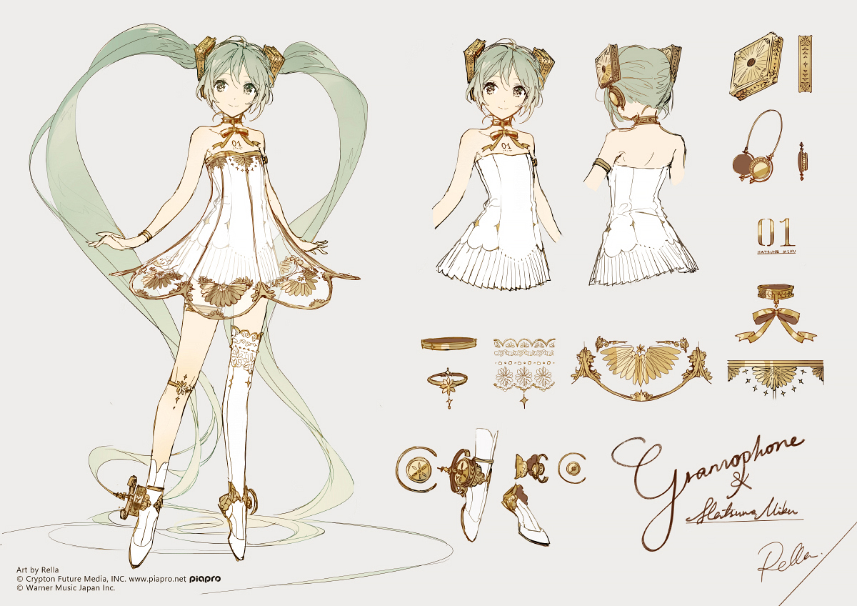 the image is a character design sheet featuring a stylized animestyle illustration of hatsune miku, a vocaloid character, in a gramophoneinspired outfit. the design sheet includes a fullbody view of miku, along with closeups of the front and back of her outfit, as well as detailed sketches of her accessories. she wears a short white dress with gold accents and a ruffled skirt, along with matching hair ribbons and headpieces. her accessories include ankle accessories and gold jewelry. the sheet also includes the text "gramophone & hatsune miku" and the signature of the artist, rella, along with copyright information for crypton future media, piapro, and warner music japan inc.